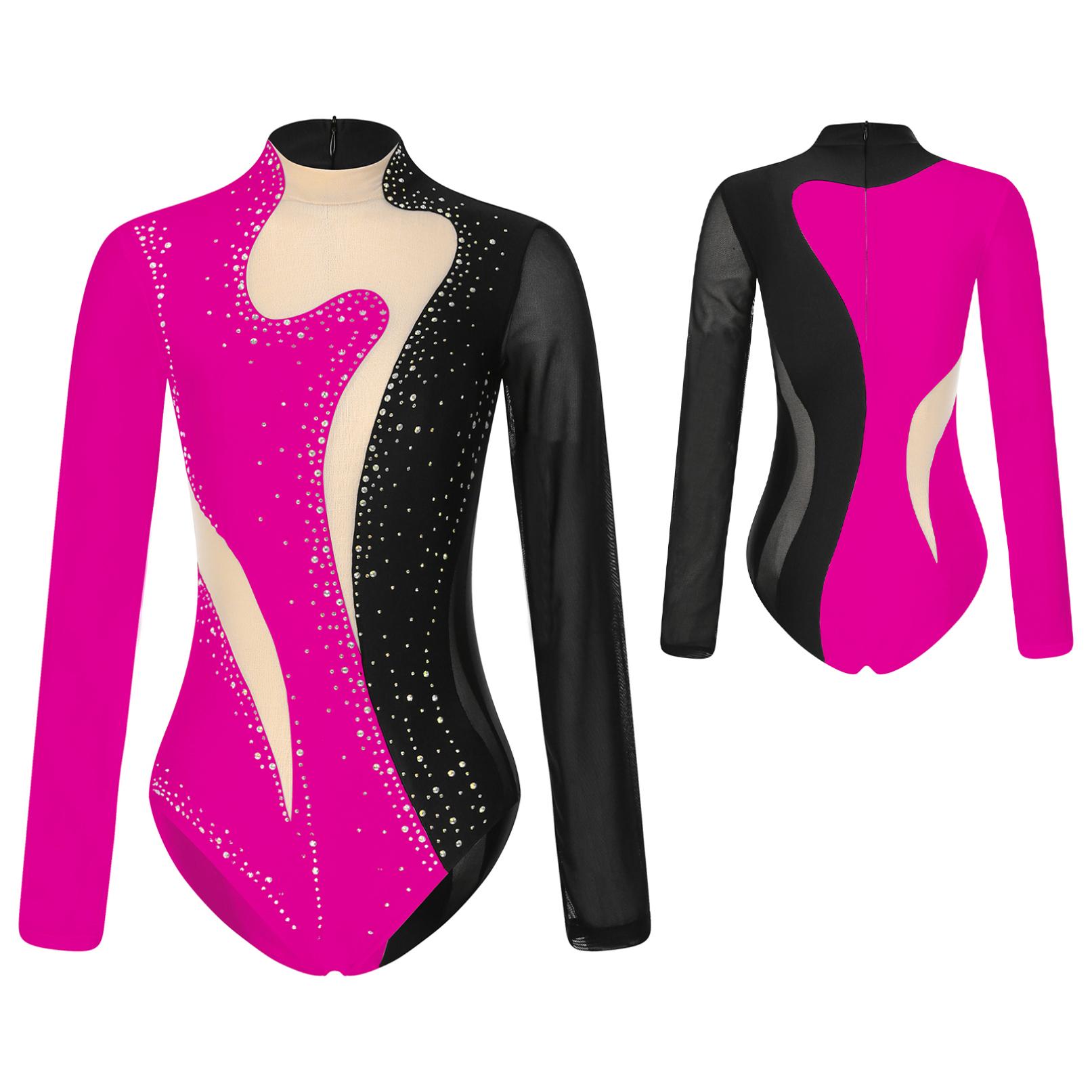 Yeahdor Dames kleurblok turnpakje sprankelende strass pure mesh bodysuit met lange mouwen voor gymnastiek acrobatiek dans S wit/zwart