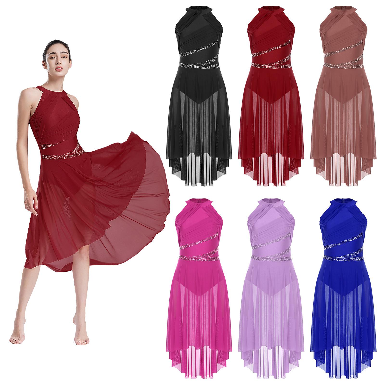 Yunduantong-electronic Dames Lyrical Ballet Ballroom Dans Leotard Danskleding Glinsterende Strass Gerimpelde Moderne Jurk Kunstrijden Gymnastiek Kostuum S bordeaux