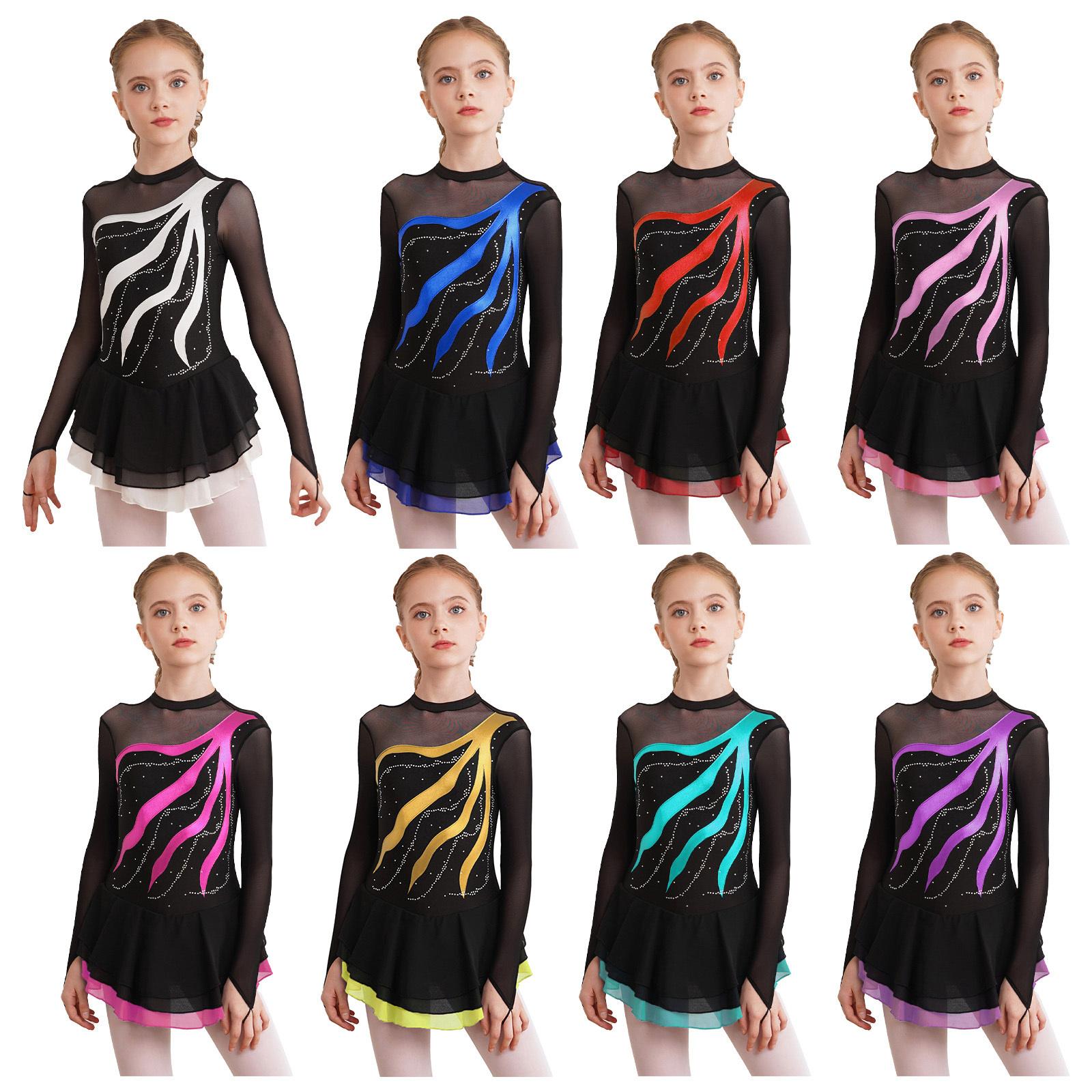 Yunduantong-electronic Meisjes Kunstschaatsjurk Mesh Tutu Ballet Gymnastiek Rok Kinderen Strass Decor Holle Rug Dansjurk Kinderen Danskleding 5-6 Years meer groene kleur