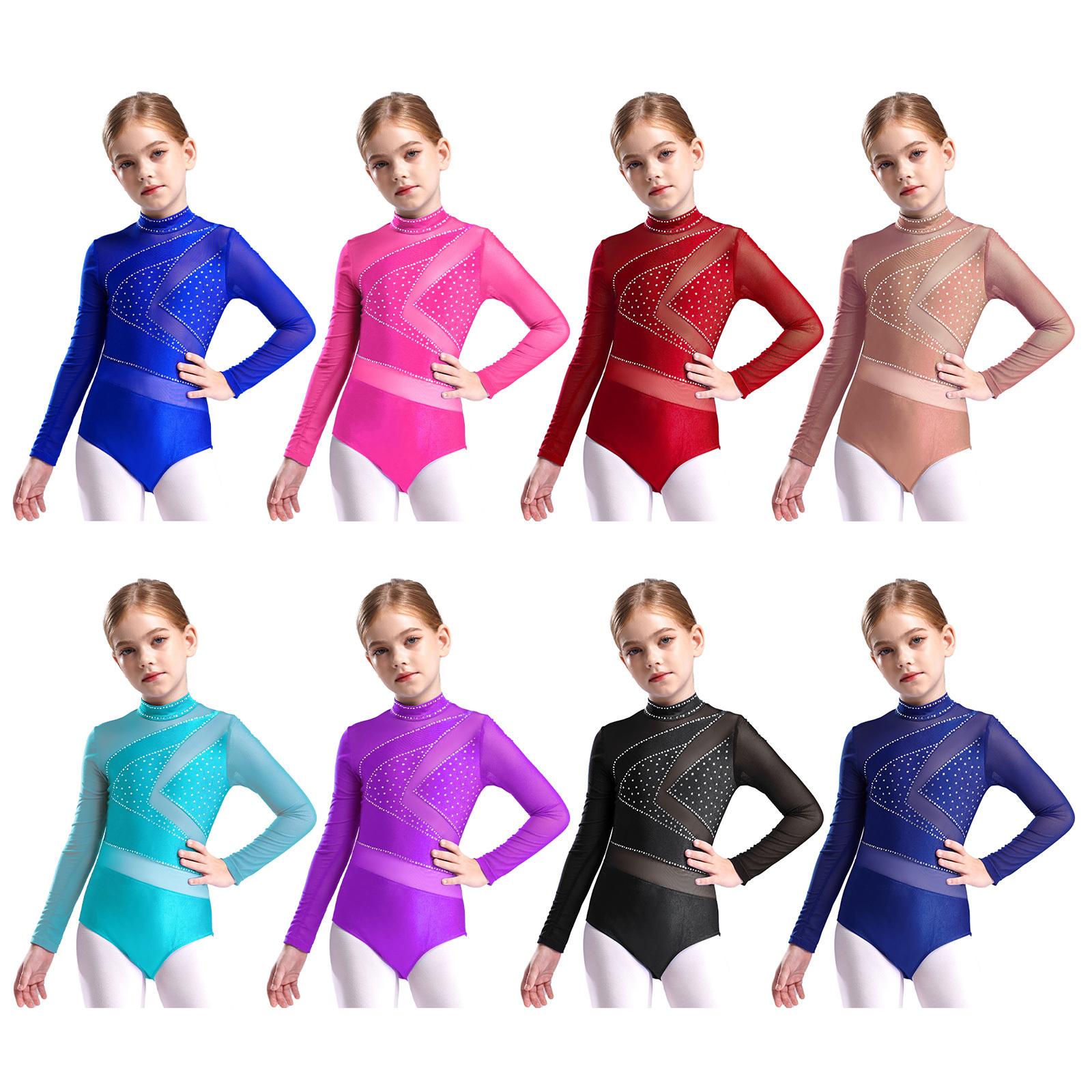 Yunduantong-electronic Meisjes Sparkly Lange Mouw Gymnastiek Tumbling Ballet Dans Leotard Biketard Kunstrijden Danskleding Uitsparing Rug Bodysuit 5-6 Years blauw