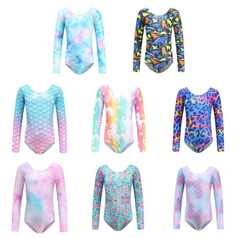 Sunnyway Kinderballetdanskleding bedrukt met lange mouwen, eendelige driehoekige bodysuit voor meisjes, dansgymnastiekkostuum 110