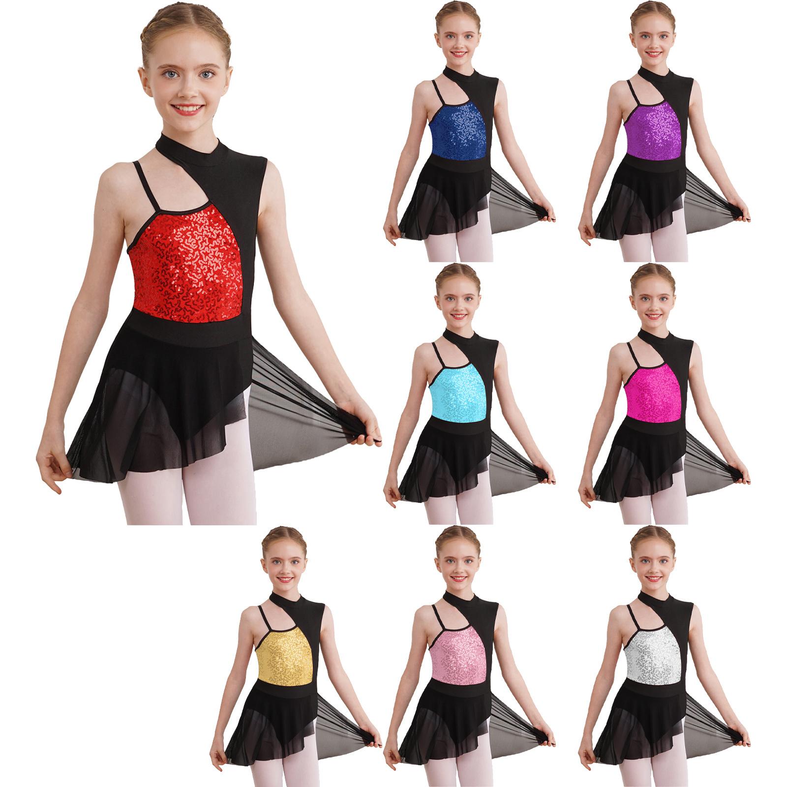 Yeahdor Kinderen Meisjes Ballet Gymnastiek Turnpakje Jurk Mouwloze Glanzende Pailletten Off Schouder Lyrische Dans Jurk voor Stage Dance Kostuums 5-6 Years goud