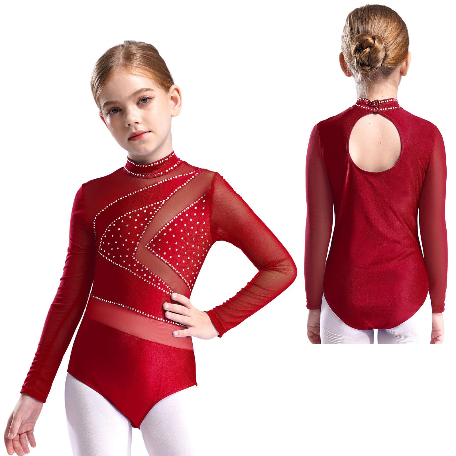 HULIJA Meisjes gymnastiek kunstschaatsen danskostuum glinsterende strass ballet maillot unitard doorschijnende mesh lange mouwen jumpsuit 5-6 Years blauw