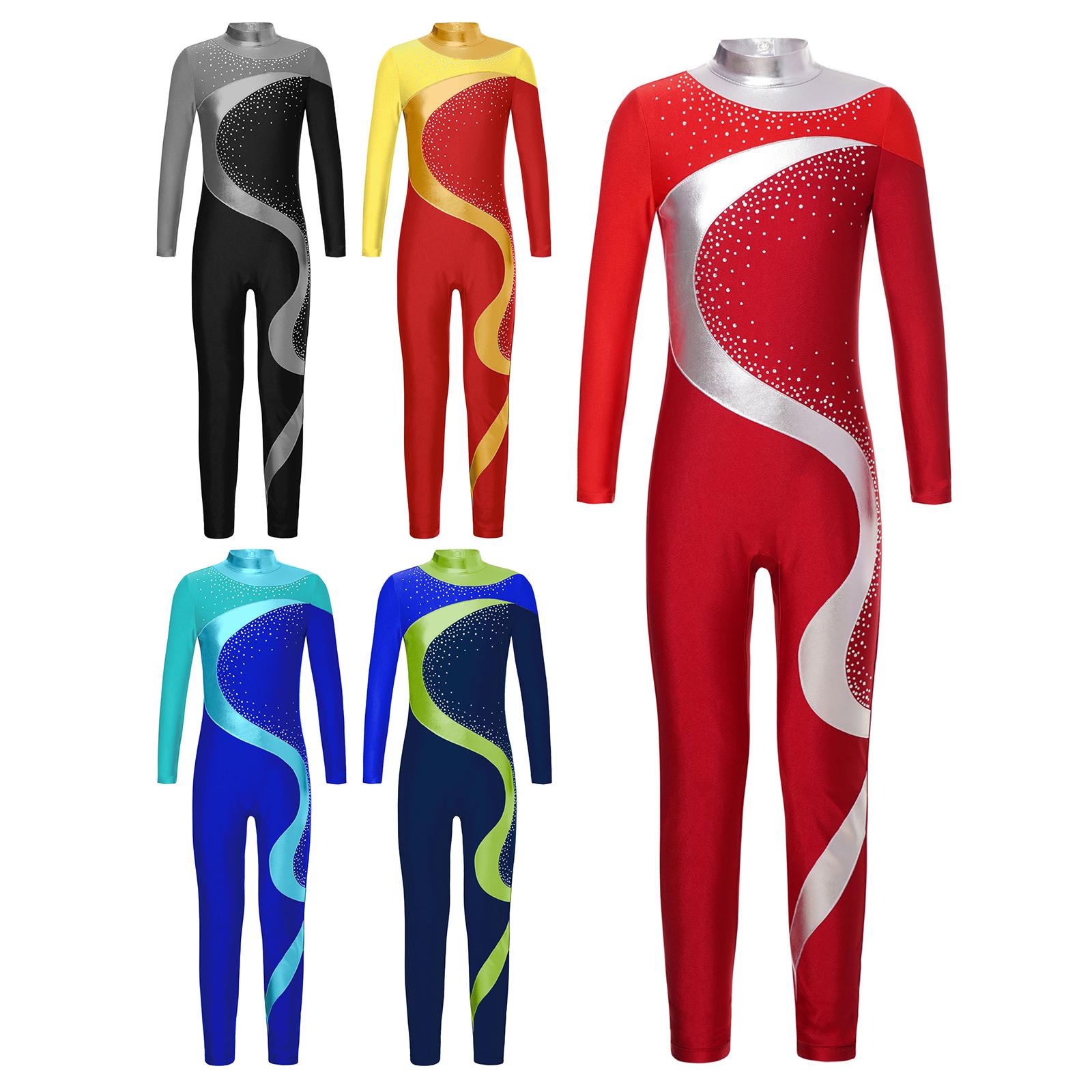 IEFiEL Kunstschaatsen Gymnastiek Jumpsuit Kinderen Meisjes Lange Mouw Metallic Contrasterende Kleur Leotard Bodysuit Ballet Danskostuum 5-6 Years rood