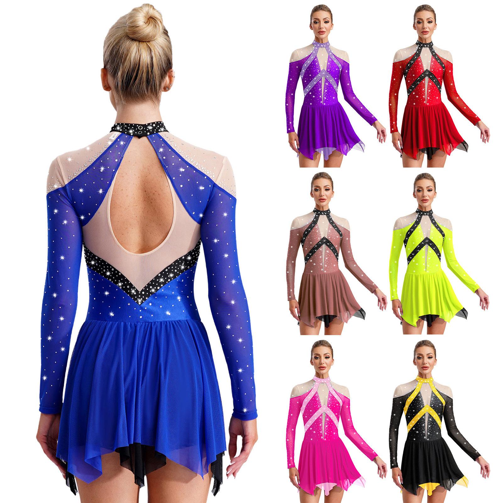 YONGHS Kunstschaatsen voor dames, kostuum met doorschijnende mesh en strass steentjes, leotardjurk voor moderne lyrische dans, gymnastiek en acrobatiek S blauw