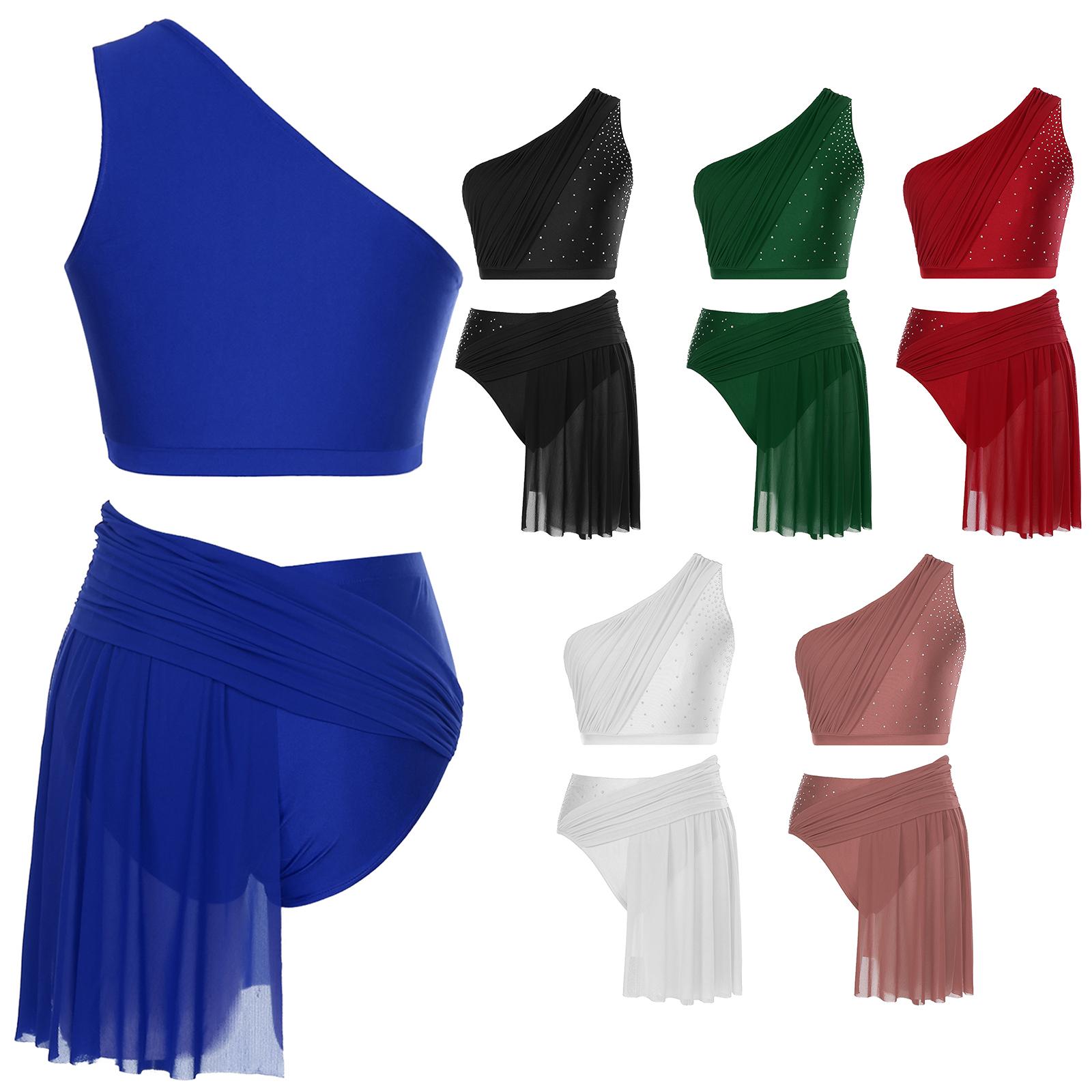Tiaobug Vrouwen Lyrical Dance Kostuum Een Schouder Crop Top met Mesh Rok Slip Tweedelige Moderne Hedendaagse Outfit S bordeaux