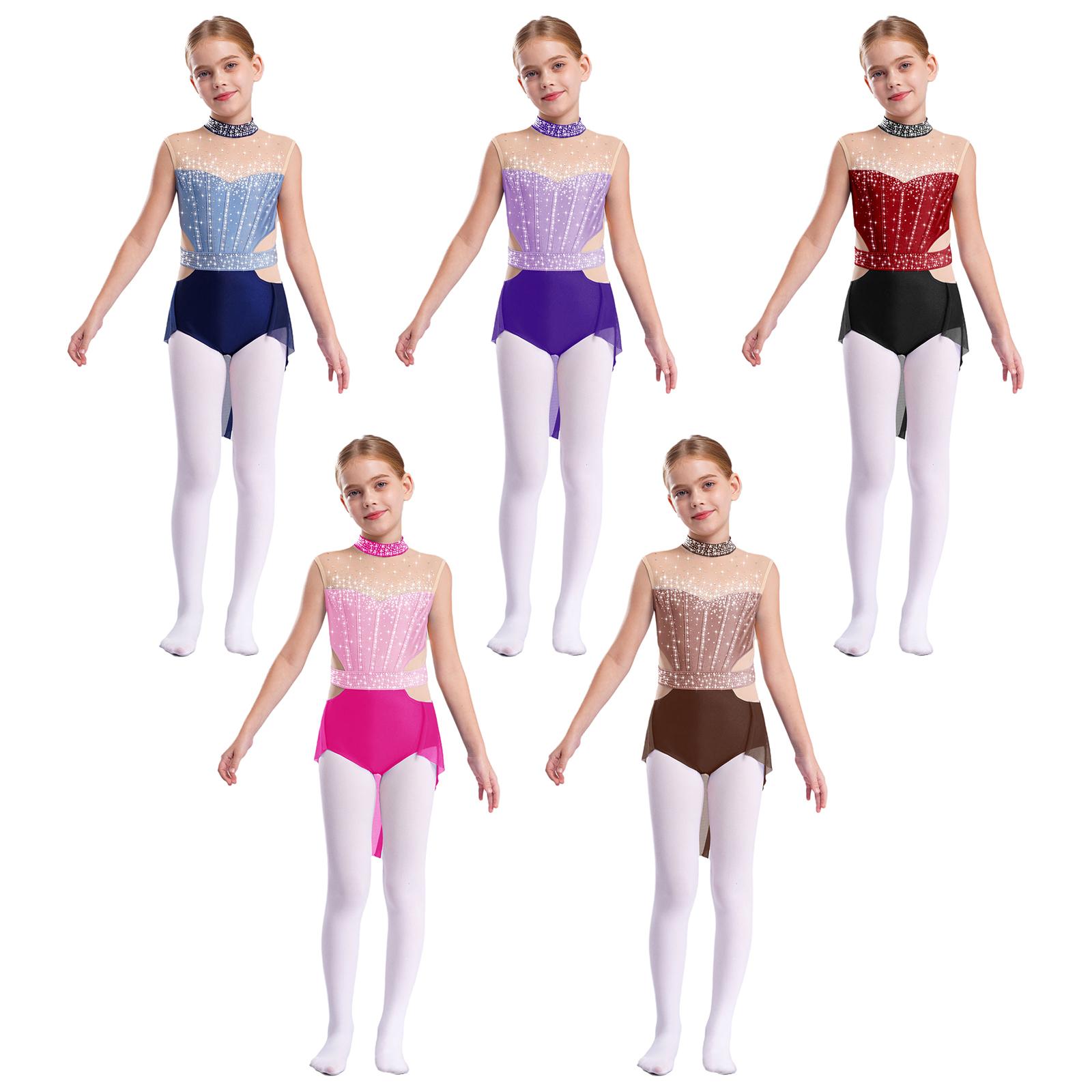 ZDHoor Meisjes ballet gymnastiekjurk met strass steentjes, mesh rok, kunstschaatstrui, lyrische dansvoorstelling, kostuum 5-6 Years marineblauwe kleur/blauw