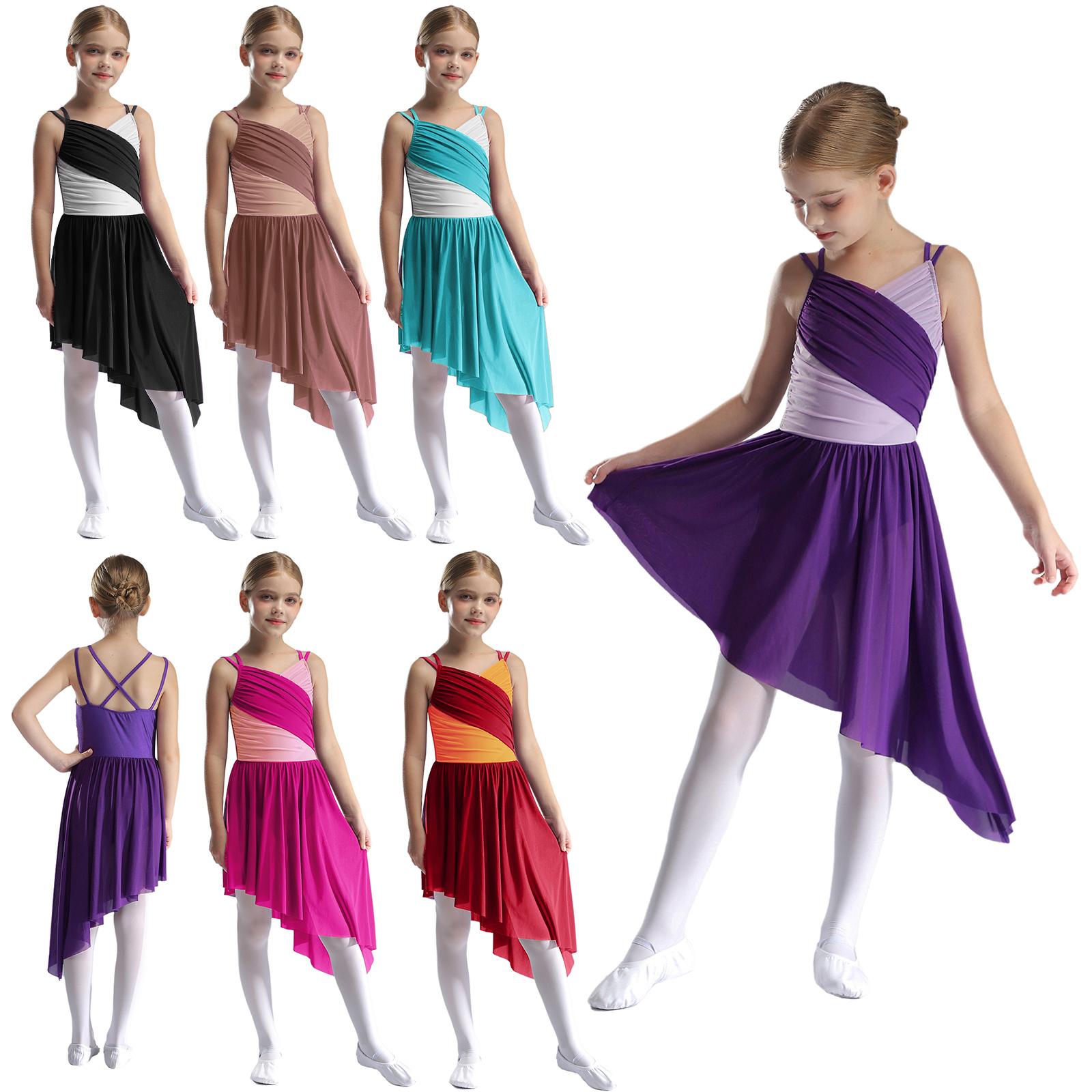 Yunduantong-electronic Kinderen Meisjes Moderne Lyrische Danskleding Slingjurk Hedendaagse Danskleding Transparante Mesh Chiffon Splice Dansjurk Kunstschaatskostuum 5-6 Years bordeaux