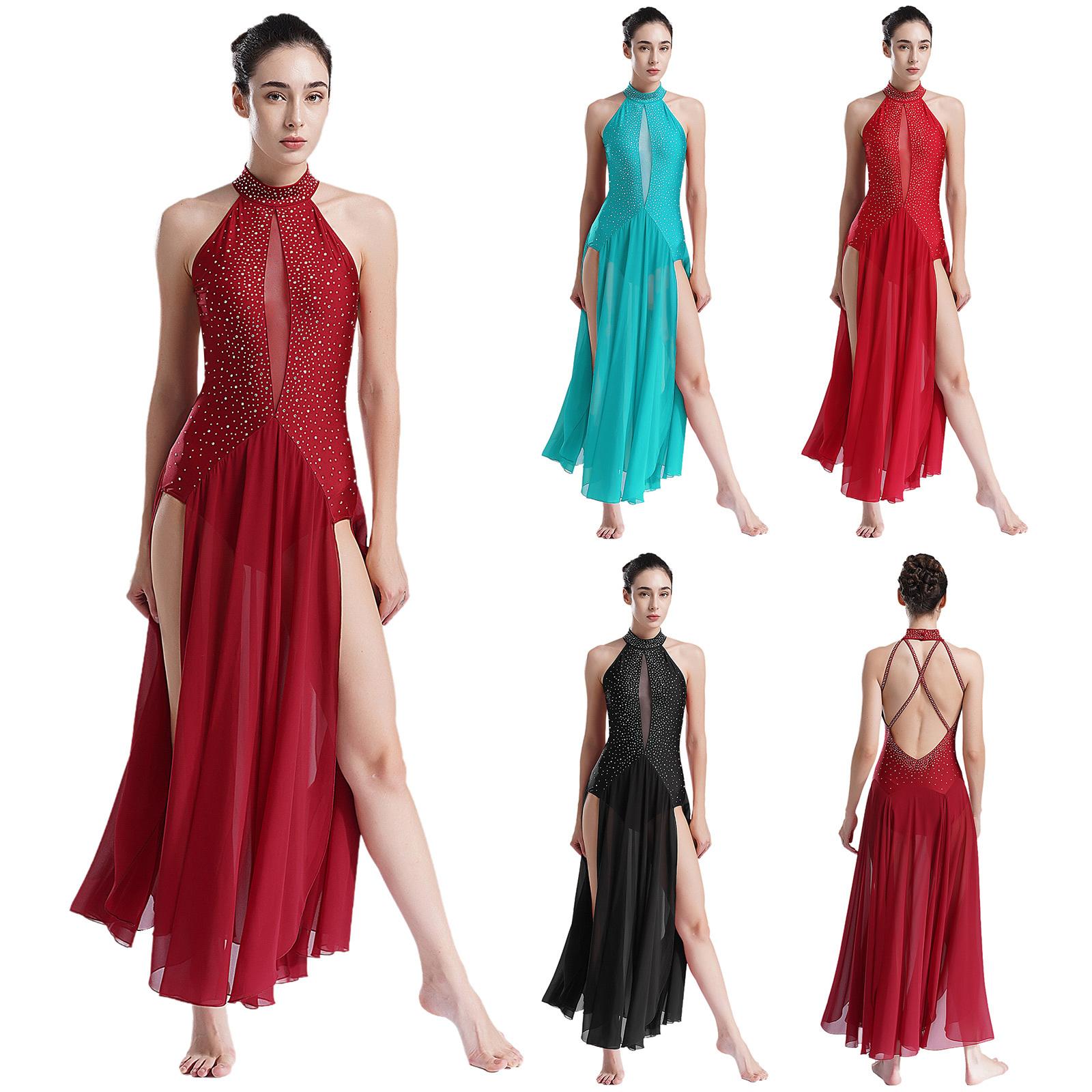 IEFiEL Moderne lyrische dansjurk voor dames met strass-legging en chiffon split, maxi-jurk met lange mouwen voor balletgymnastiek. XS bordeaux