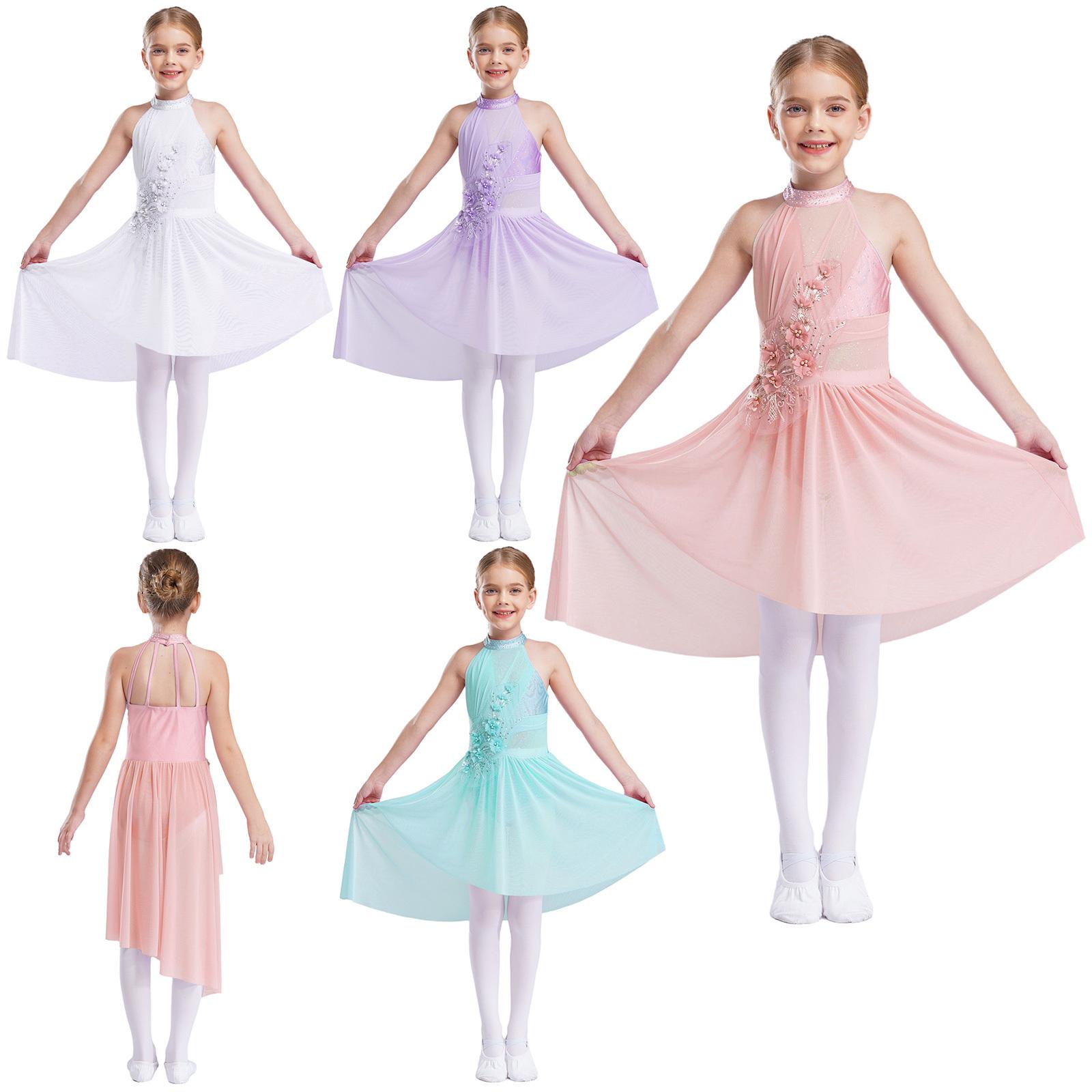 IEFiEL Meisjes Applique Ballet Kunstschaatsjurk Strass Gymnastiek Leotard Jurk Mouwloos Mesh Splice Wedstrijd Danskostuum 5-6 Years lichtpaarse kleur