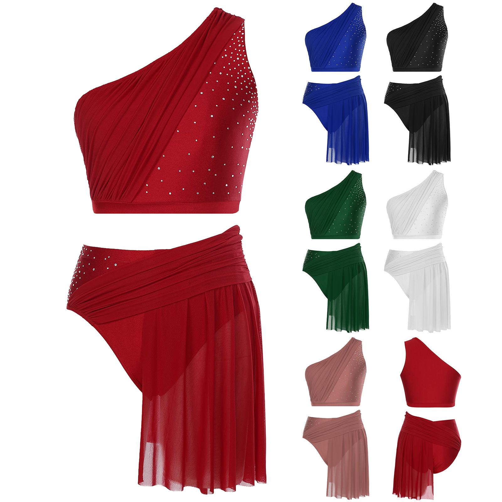 Sxiwei Vrouwen Lyrical Dance Kostuum Een Schouder Crop Top met Mesh Rok Slip Tweedelige Moderne Hedendaagse Outfit S bordeaux