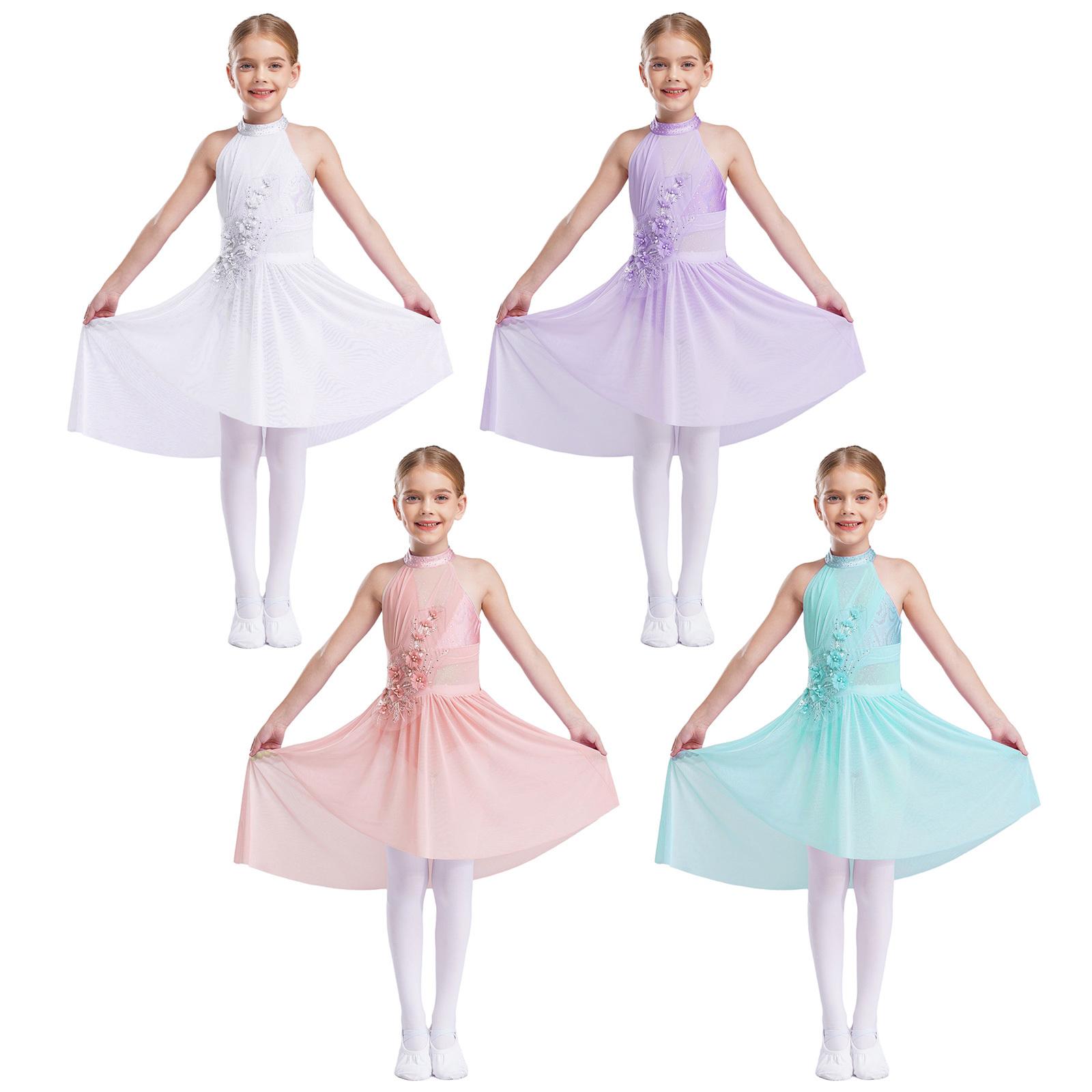 Aislor Meisjes lyrische dansjurk, kunstschaatskostuum, moderne danskleding, appliqué, hoog-laag chiffon, splitrok, balletjurken 5-6 Years lichtpaarse kleur