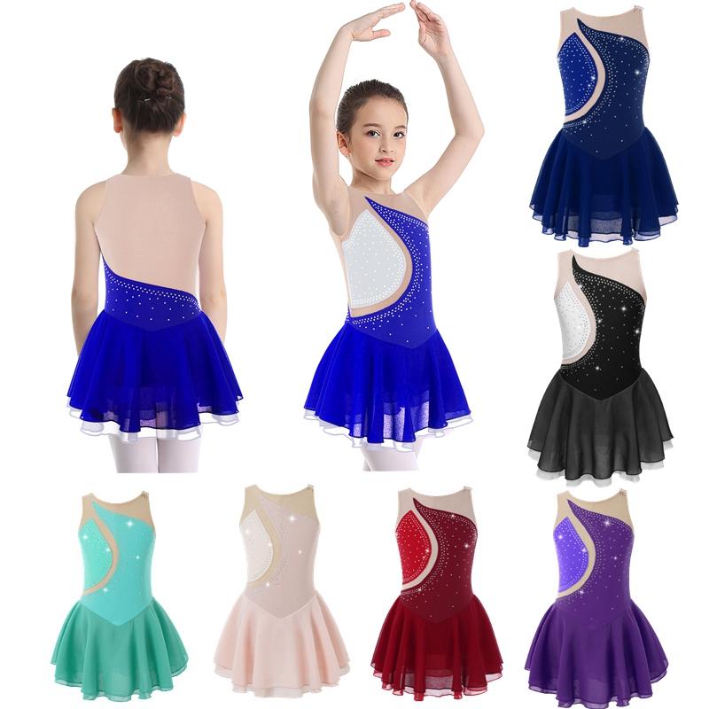 Manyakai Meisjes glinsterende strass kunstschaatsjurk, mouwloos rolschaatsen gymnastiek turnpakje 5-6 Years rood