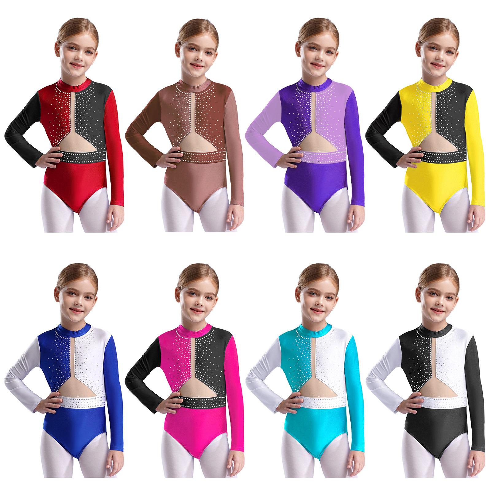 WinYing Meisjes gymnastiek turnpakje kunstschaatsen ballet turnpakje lange mouwen strass mesh jumpsuit danskleding jazzdans bodysuit latin danskostuum 5-6 Years blauw
