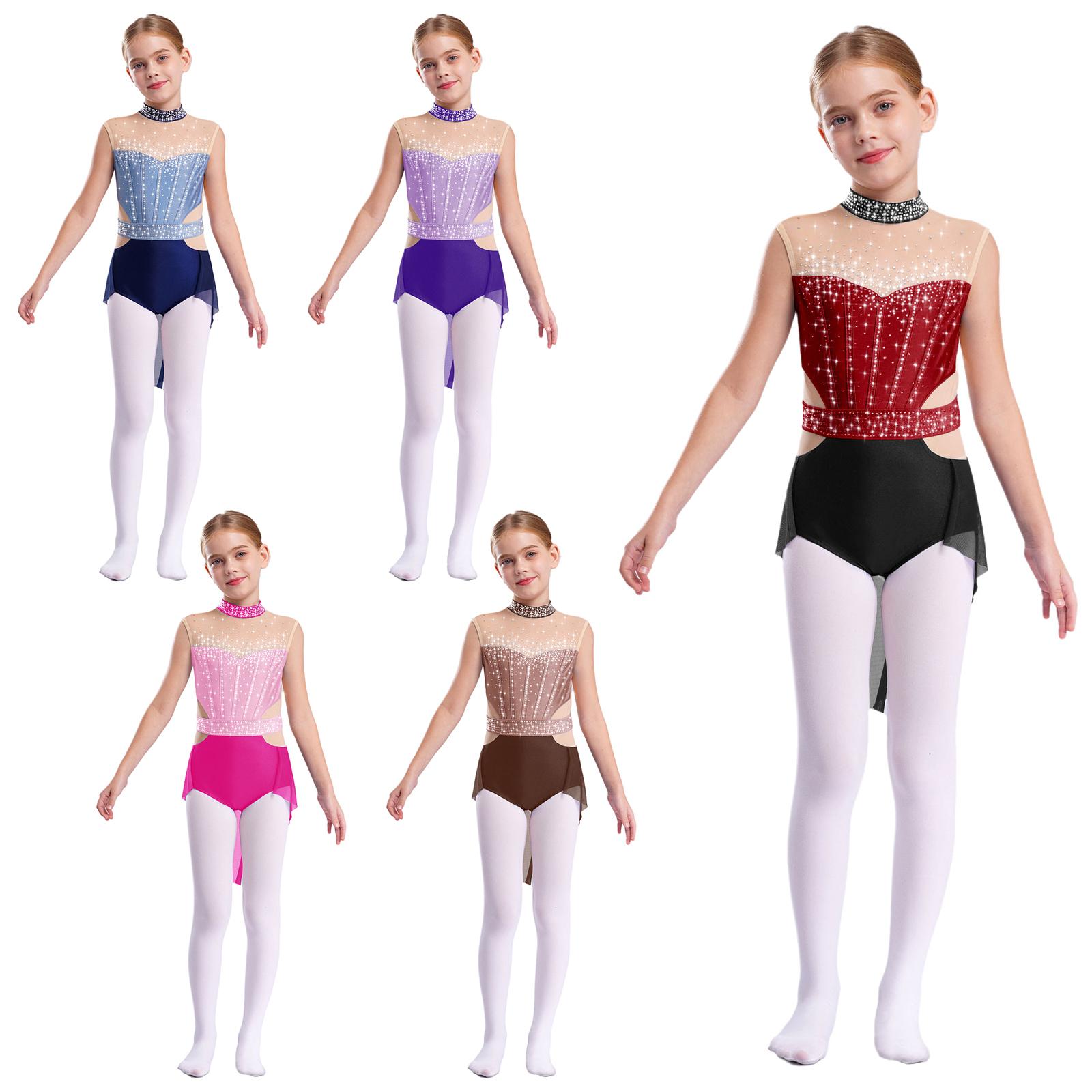 IEFiEL Meisjes ballet gymnastiekjurk met strass steentjes, mesh rok, kunstschaatstrui, lyrische dansvoorstelling, kostuum 5-6 Years marineblauwe kleur/blauw