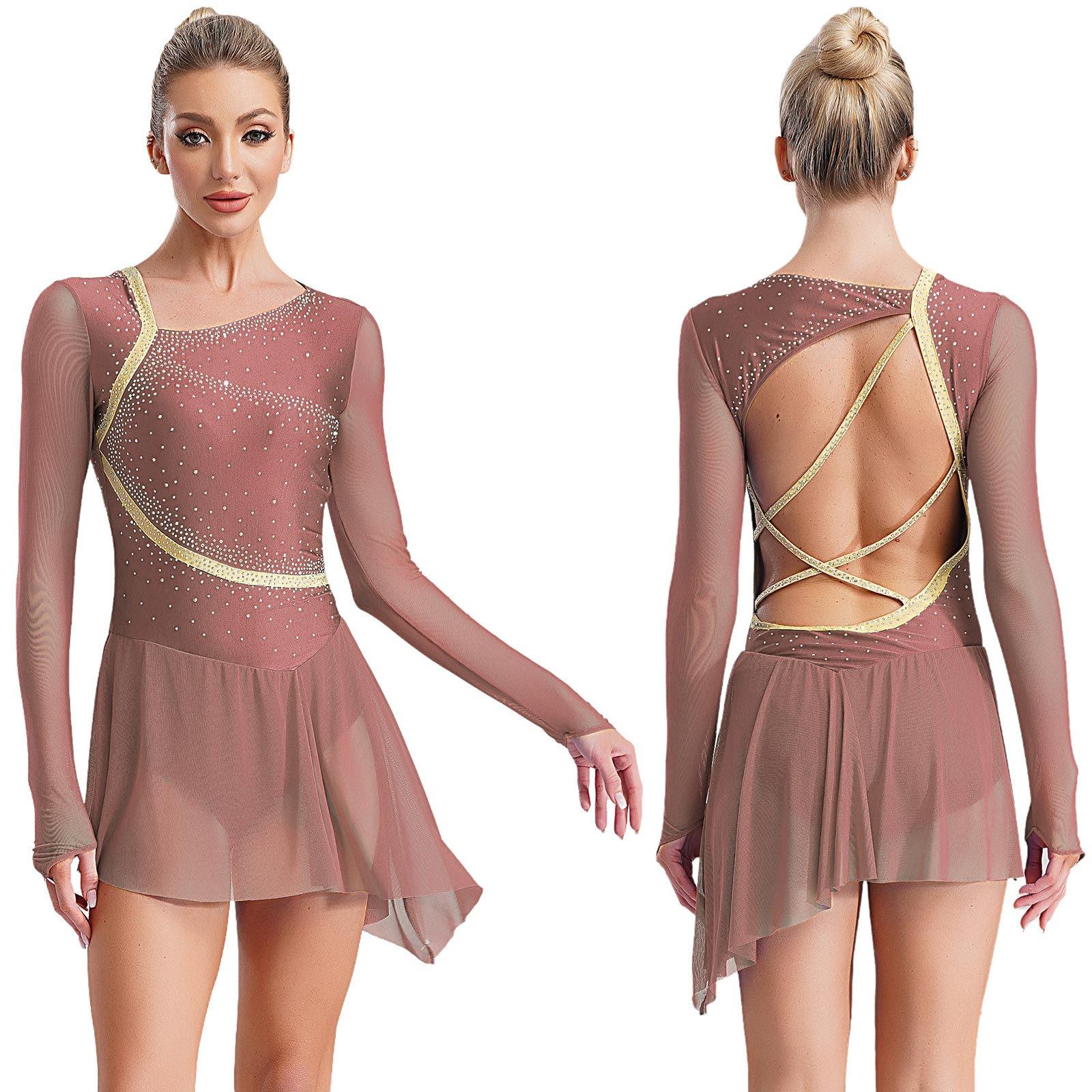 HULIJA Lyrische danskostuum met strass, asymmetrische tule rok, leotard, kunstschaatsjurk, dames, jazzdanskleding S blauw