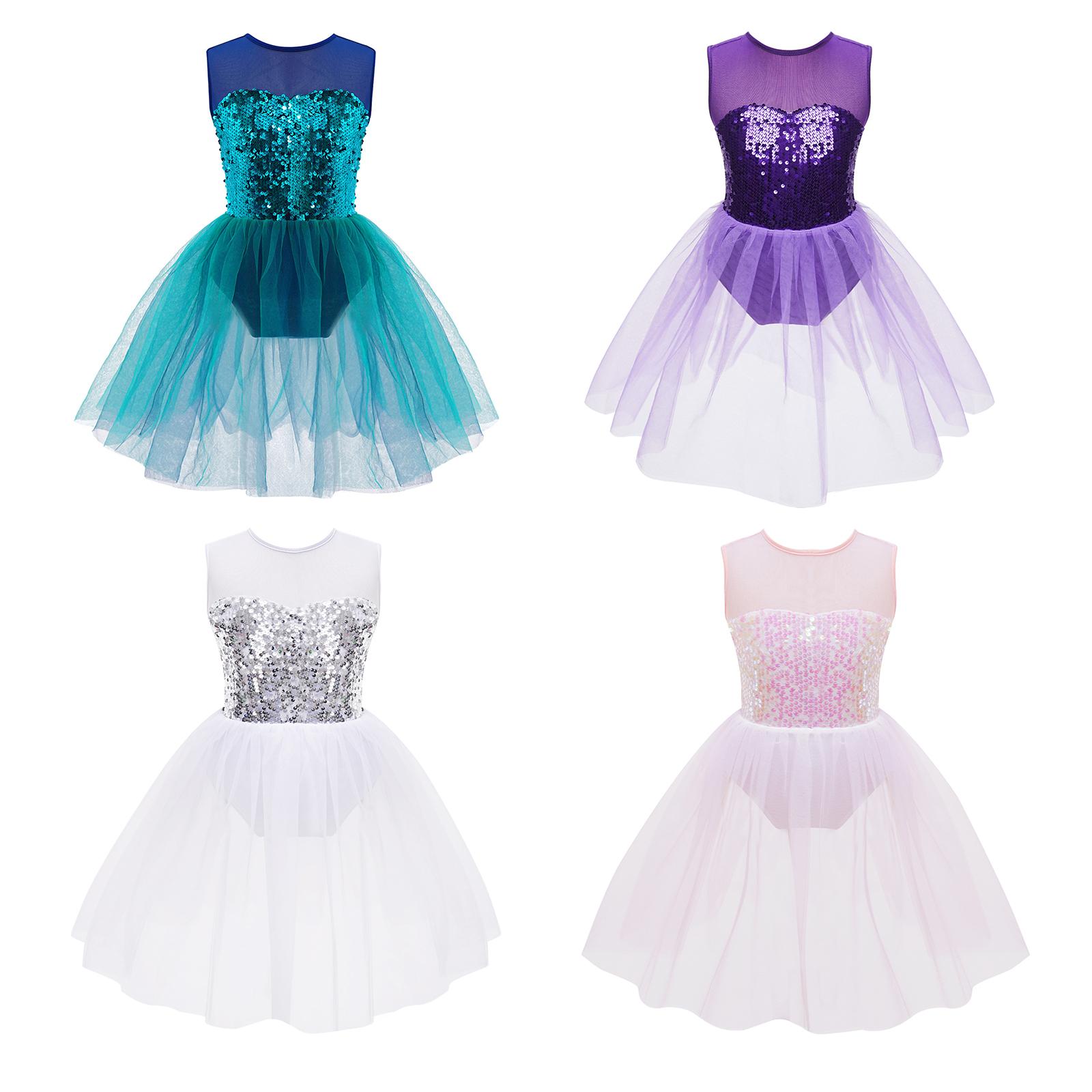 Linjinx Meisjes danspakje ballet kunstschaatsen glinsterende pailletten lijfje open rug mesh tutu jurk kostuum 3-4 Years meer groene kleur