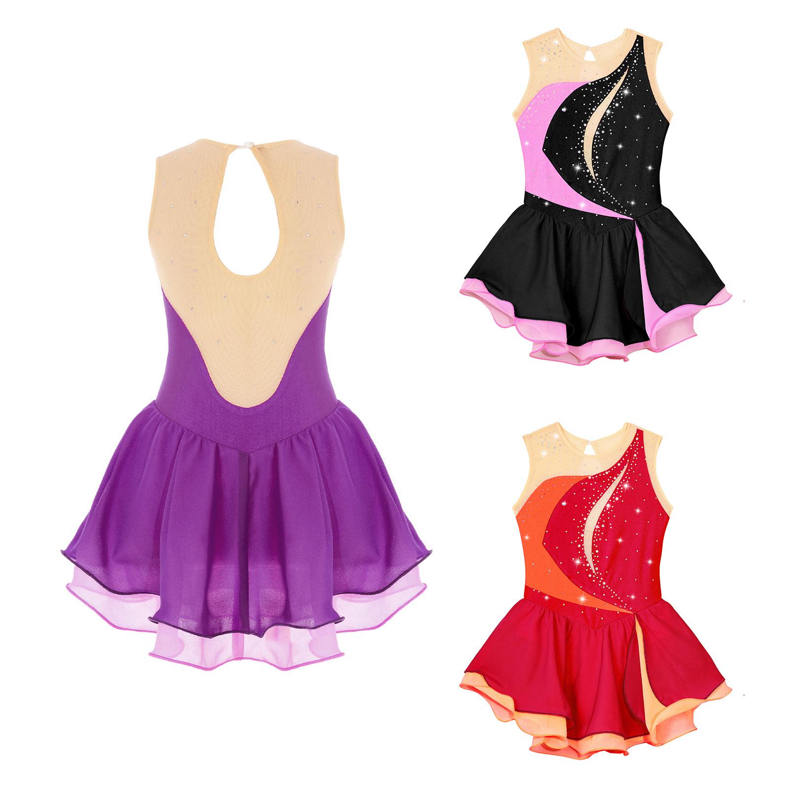 RUNQHUI Kunstschaatsjurk voor meisjes Mouwloos Glitter Strass Ballet Turnpakje Jurk Competitiekostuum Gymnastiekpak 5-6 Years