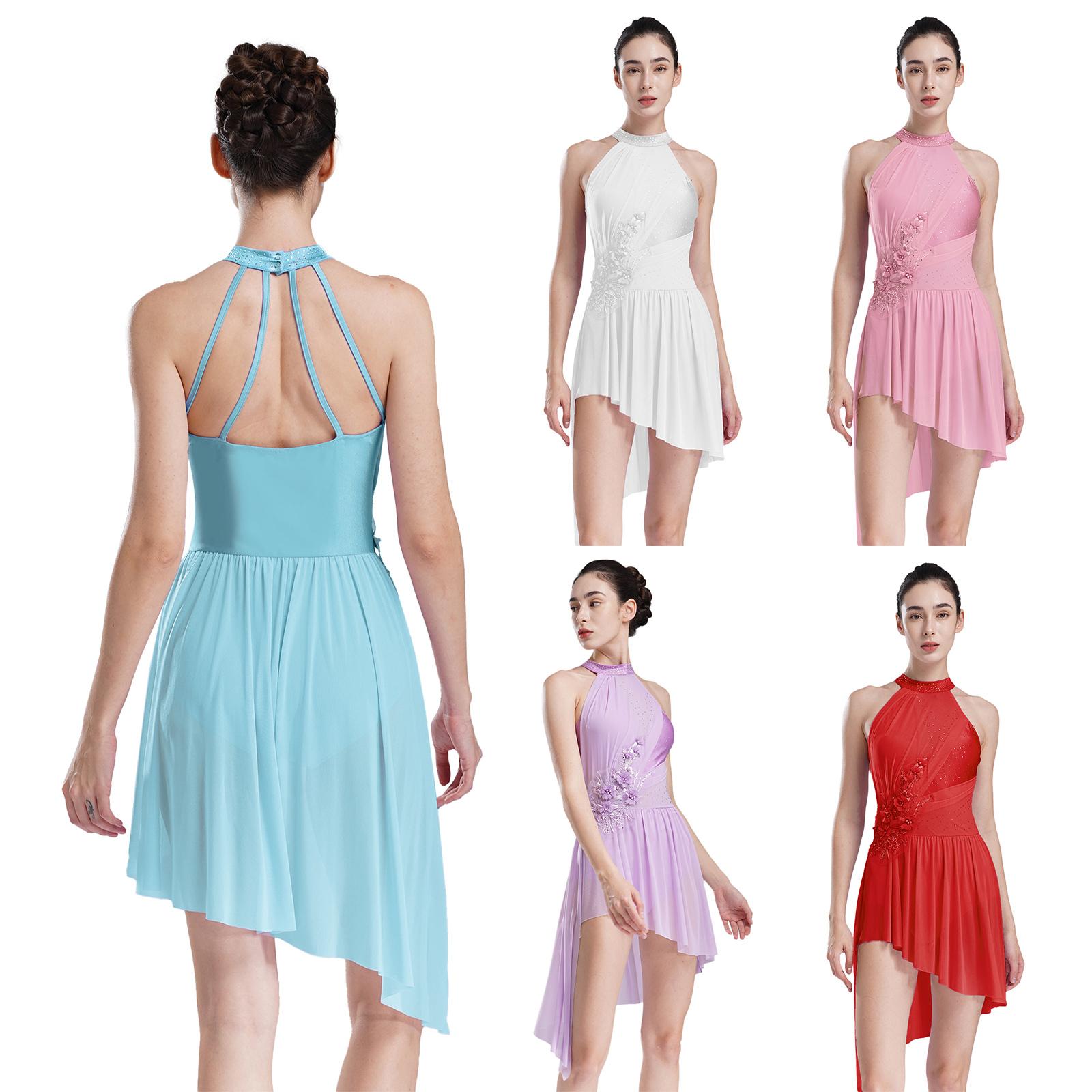 Daenrui Vrouwen Ballet Lyrische Dansjurken voor Kunstschaatsen Halter Strappy Rug Asymmetrische Zoom Glanzende Strass Leotard Jurk S