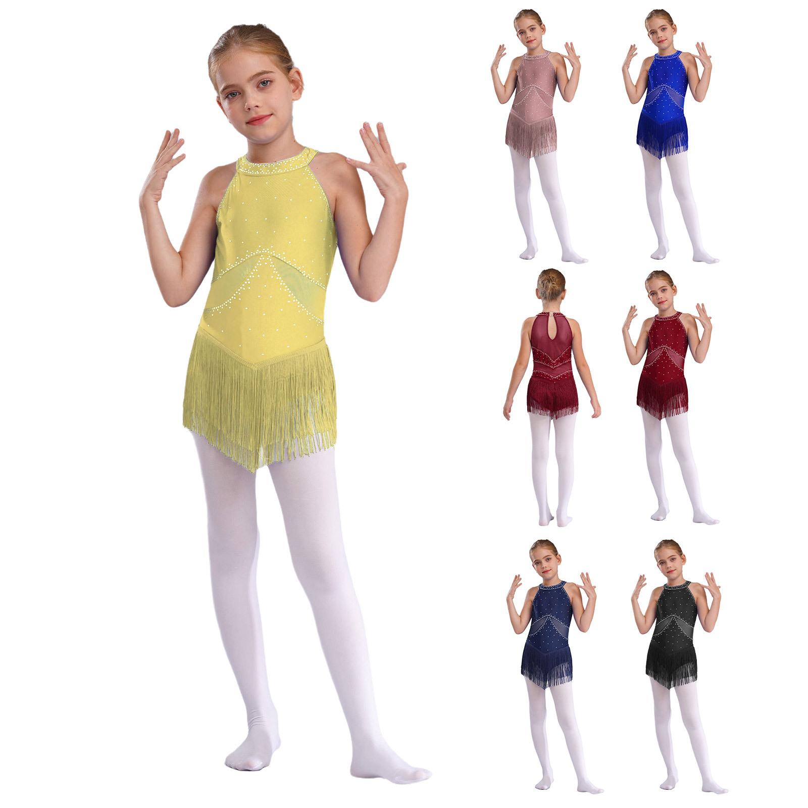 RUNQHUI Kinderen Meisjes Glanzende Transparante Mesh Kwast Zoom Latijnse Dansjurk Samba Jazz Dans Leotard Jurk 5-6 Years
