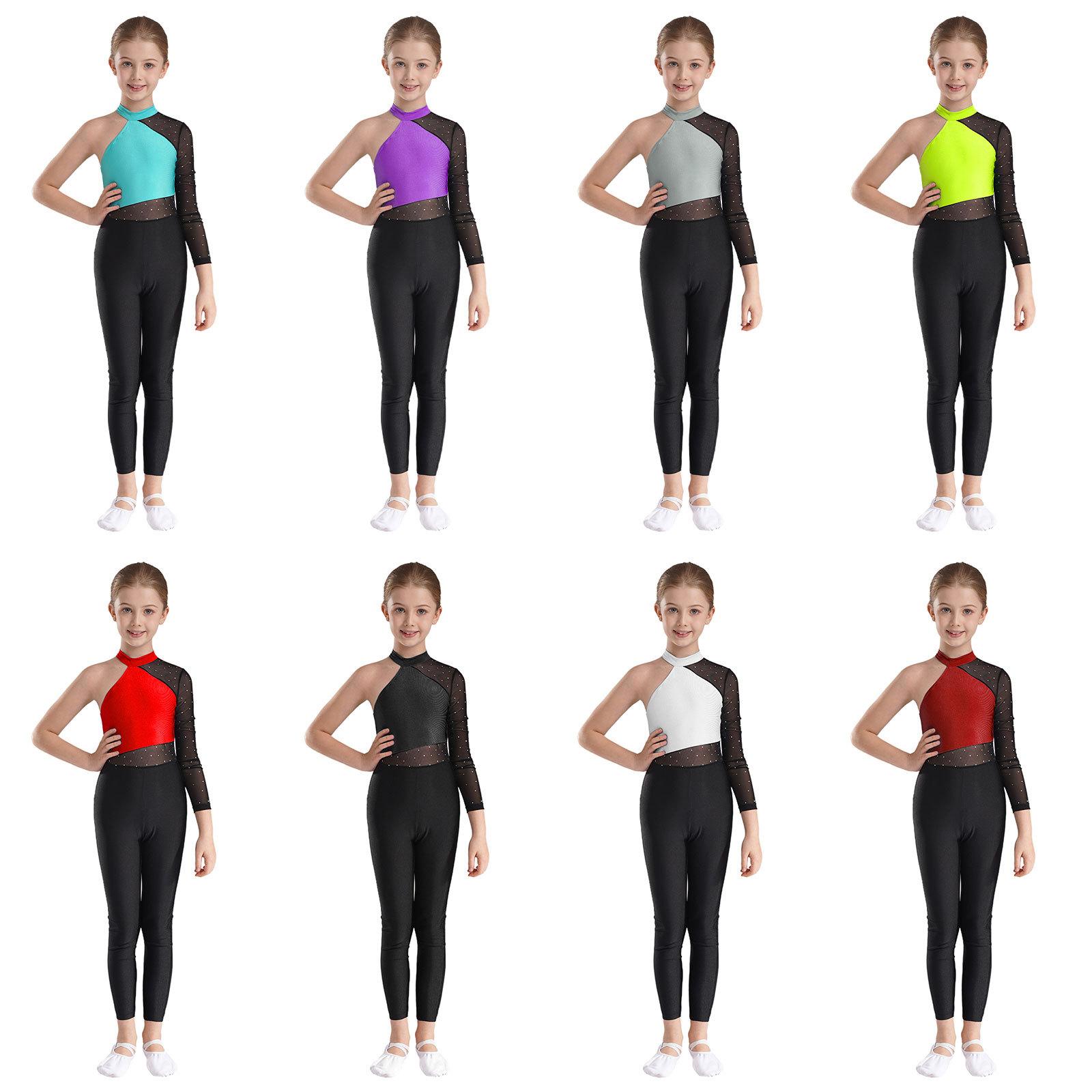 Sxiwei Meisjes Een Mesh Mouw Volledige Lichaamsbedekking Jumpsuits Gymnastiek Ballet Moderne Dans Uniform Unitard IJs Schaatsen Competitie Kostuum 5-6 Years groen/blauw
