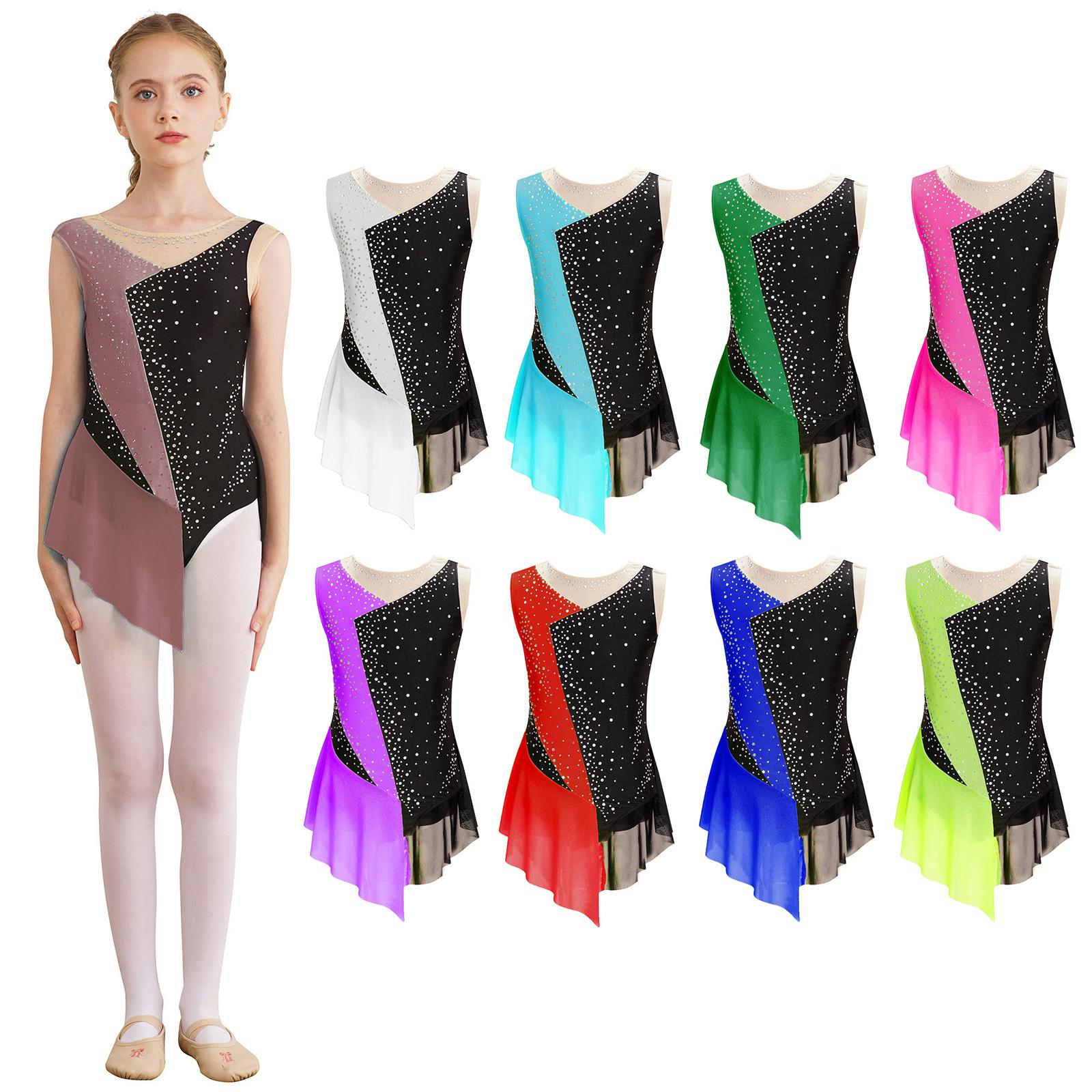 Linjinx Kinderen meisjes sprankelend strass turnpakje pure mesh patchwork mouwloze bodysuit voor dansgymnastiek kunstschaatsen 5-6 Years fluorescerende groene kleur