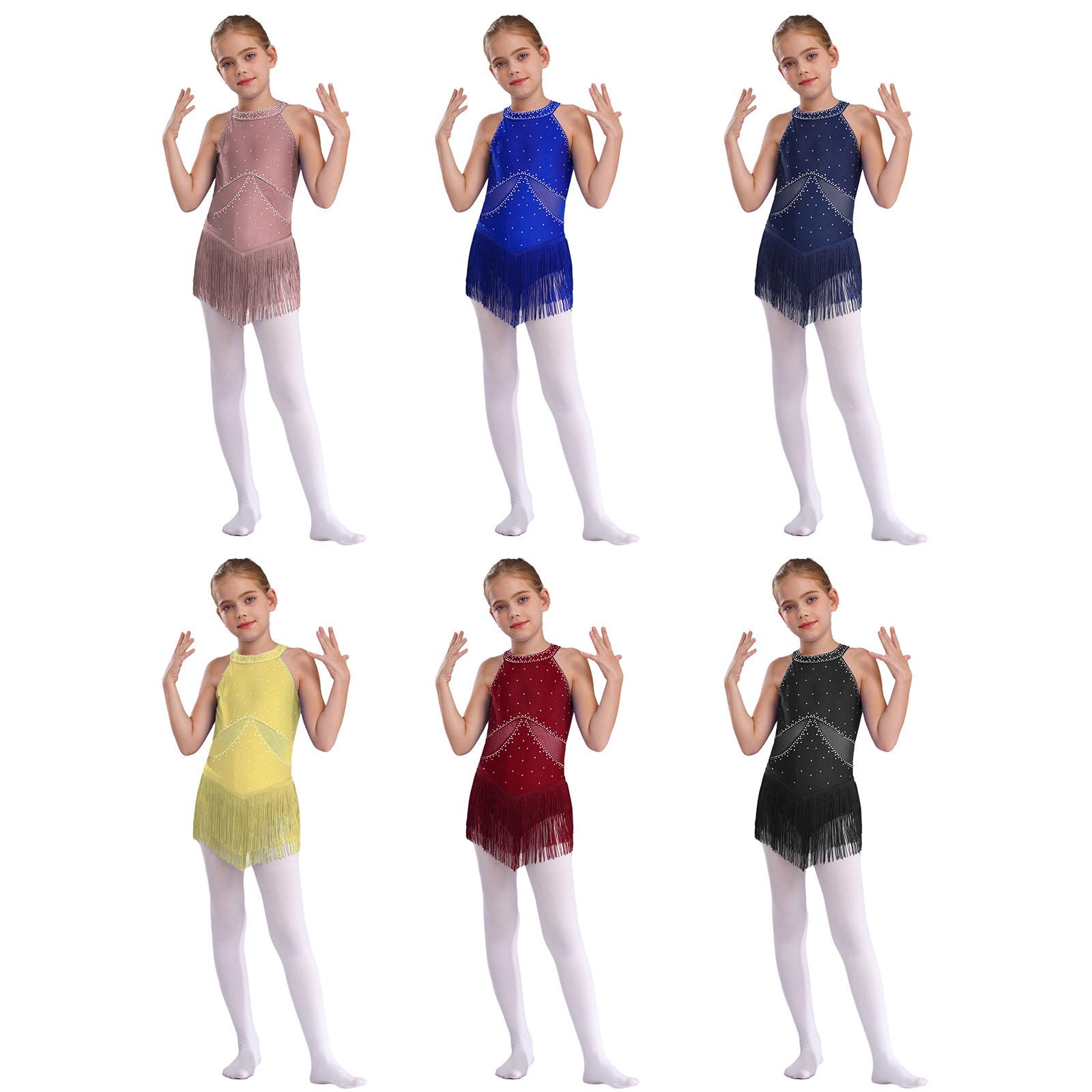 ZDHoor Kinderen Meisjes Glanzende Transparante Mesh Kwast Zoom Latijnse Dansjurk Samba Jazz Dans Leotard Jurk 5-6 Years bordeaux
