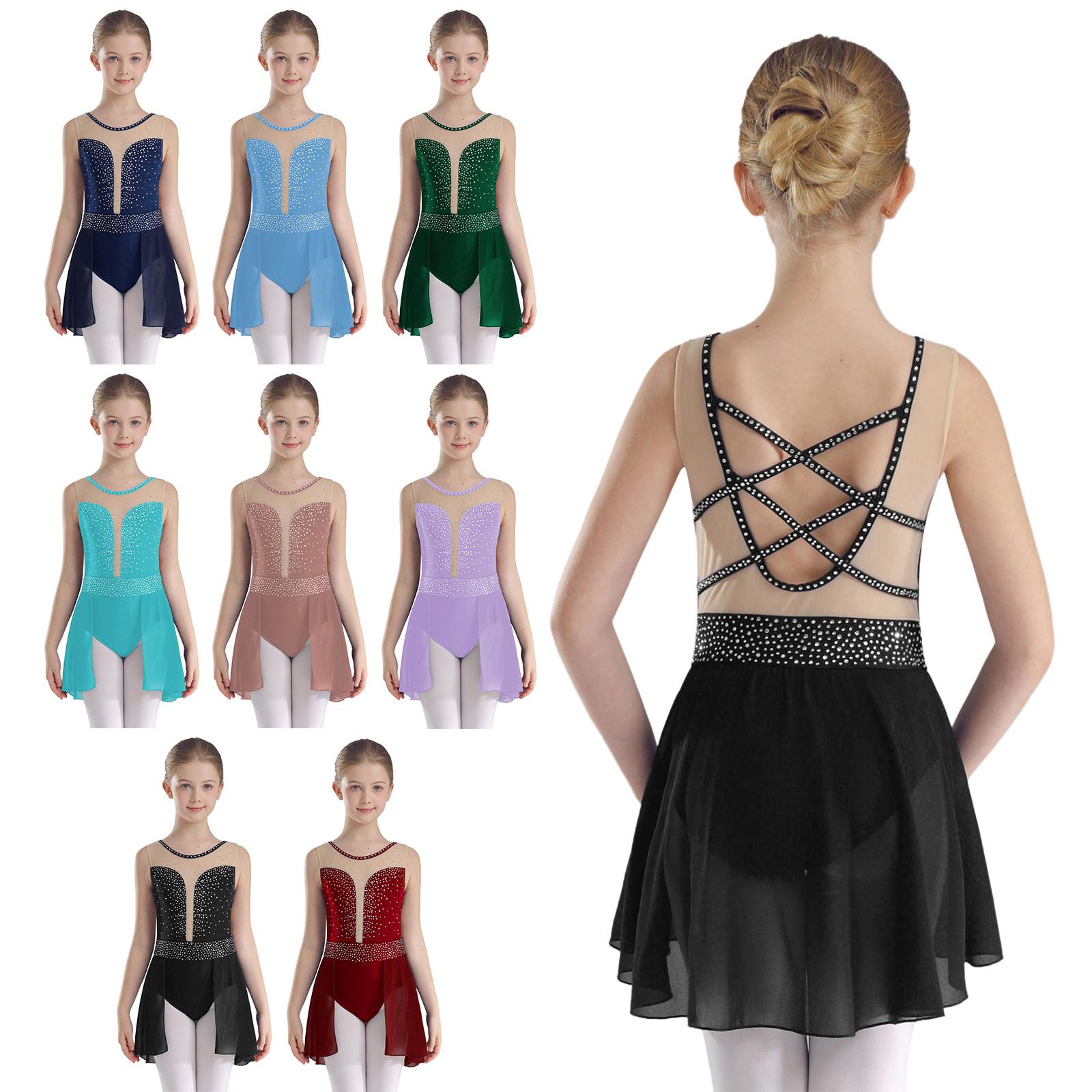 RUNQHUI Kinderen Meisjes Ballet Lyrische Dans Kunstschaatsen Jurk Holle Rug Mesh Gymnastiek Leotard Jurk 5-6 Years marineblauwe kleur