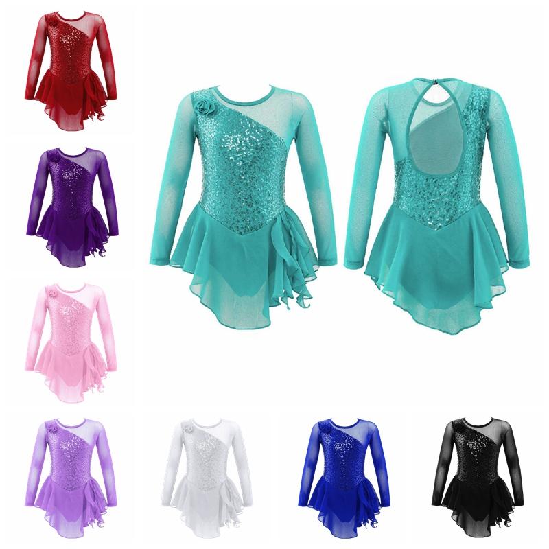 Daenrui Girls Jazz Dance Bodysuit Rhythmic Gymnastics Stage Wear Sequin Tulle Splice Long Sleeves Cutouts Back Figure Ice Skating athletic Skirted Leotard