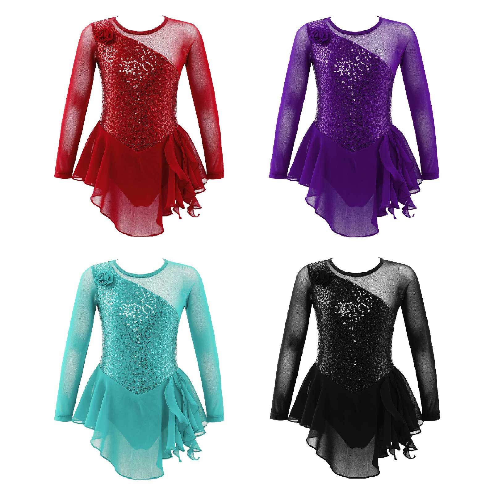 Aislor Girls Jazz Dance Bodysuit Rhythmic Gymnastics Stage Wear Sequin Tulle Splice Long Sleeves Cutouts Back Figure Ice Skating athletic Skirted Leotard 3-4 Years zwart