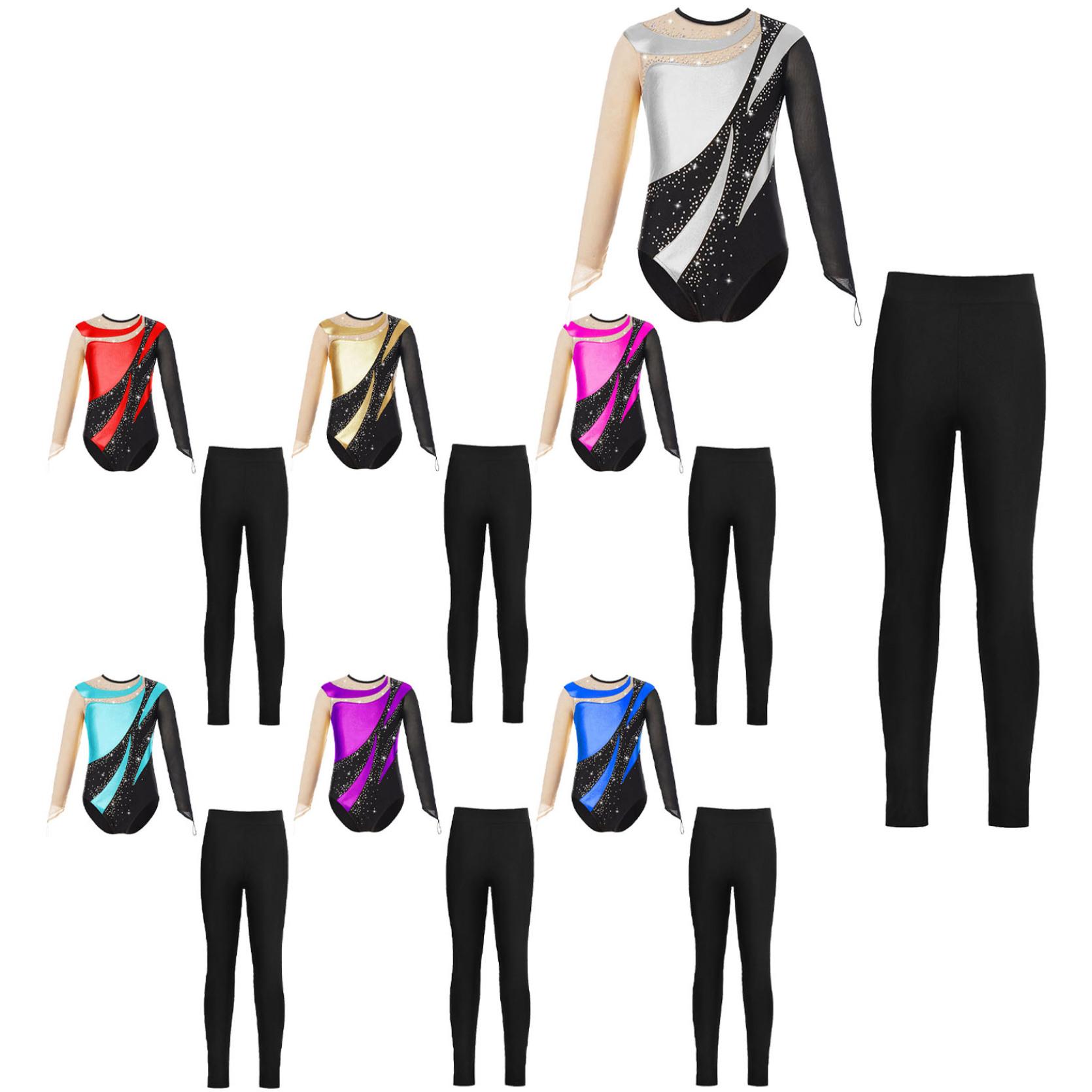 IEFiEL Kindermeisjes turnpakje met lange mouwen, ronde hals, strasssteentjes en legging voor schaatsgymnastiekprestaties 5-6 Years rood