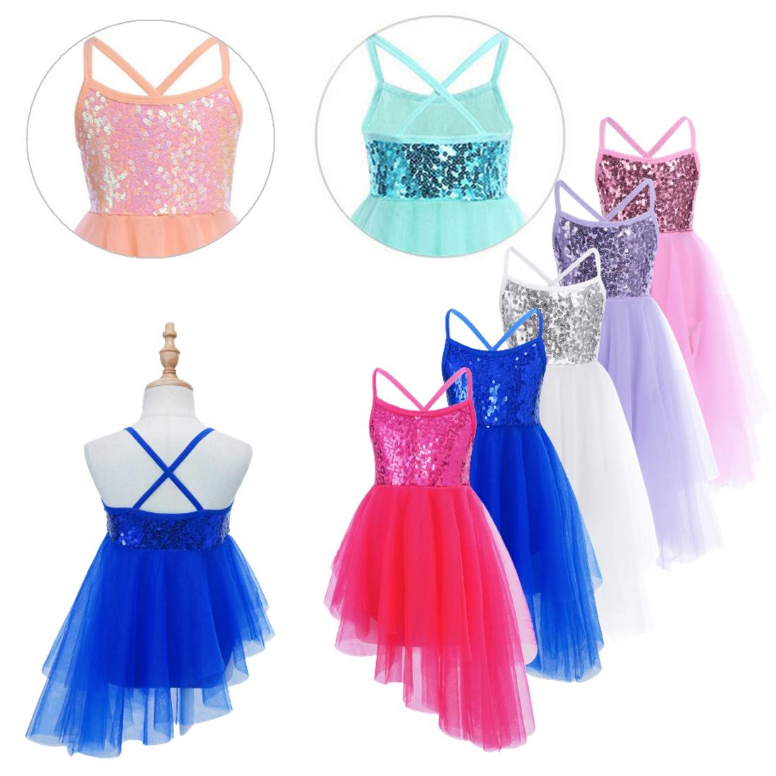 Sxiwei Kinderen Meisjes Stage Dance Kleding Mouwloze Pailletten Asymmetrische Tule Ballet Dans Gymnastiek Turnpakje Jurk 3-4 Years oranje