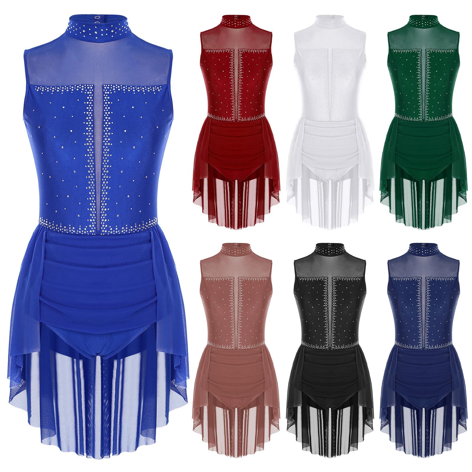 Fldy Vrouwen Ballet Lyrical Dans Kostuum Danskleding Rugloos Transparant Mesh Glinsterende Strass Gymnastiek Leotard Kunstschaatsjurk S
