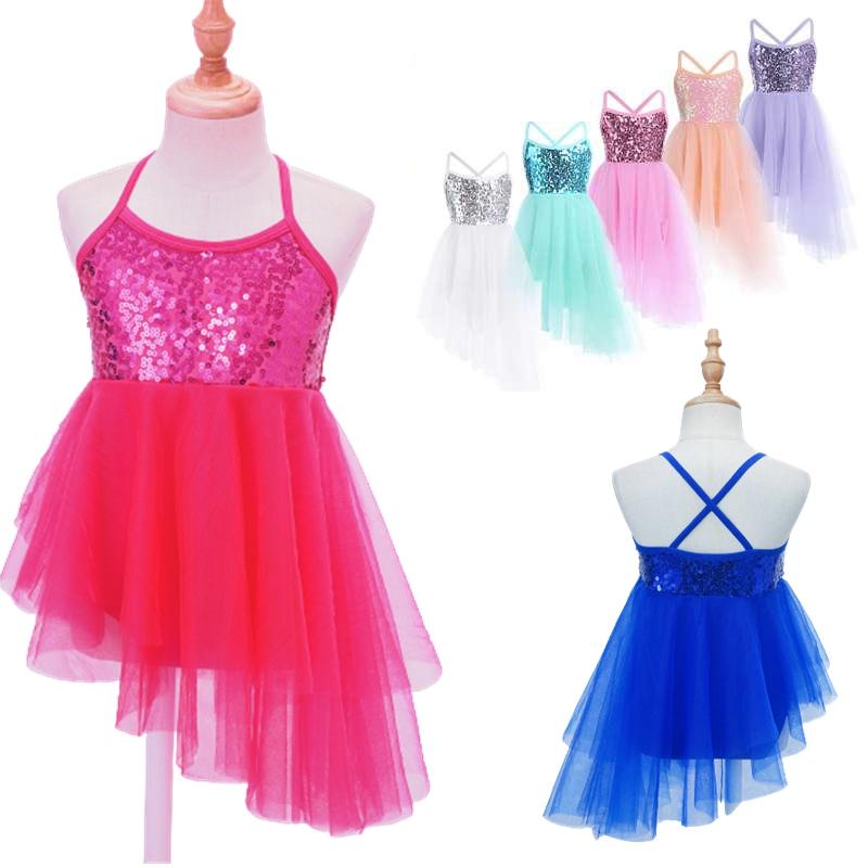 Fldy Kinderen Meisjes Stage Dance Kleding Mouwloze Pailletten Asymmetrische Tule Ballet Dans Gymnastiek Turnpakje Jurk 3-4 Years oranje