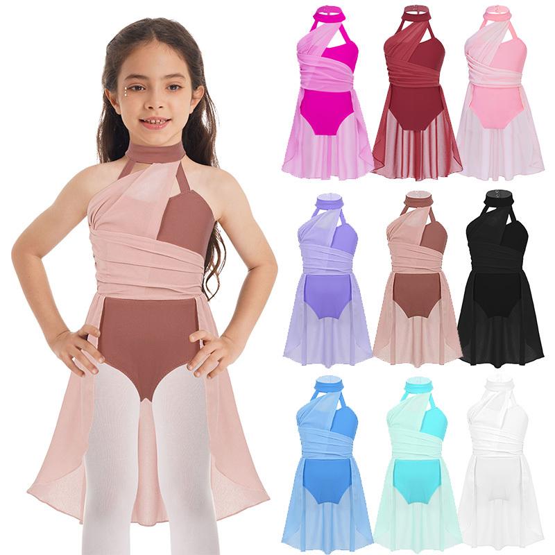 IEFiEL Kindermeisjes mouwloze ruches chiffon lijfje gekooide rug turnpakje jurk voor lyrische hedendaagse dans 5-6 Years zwart