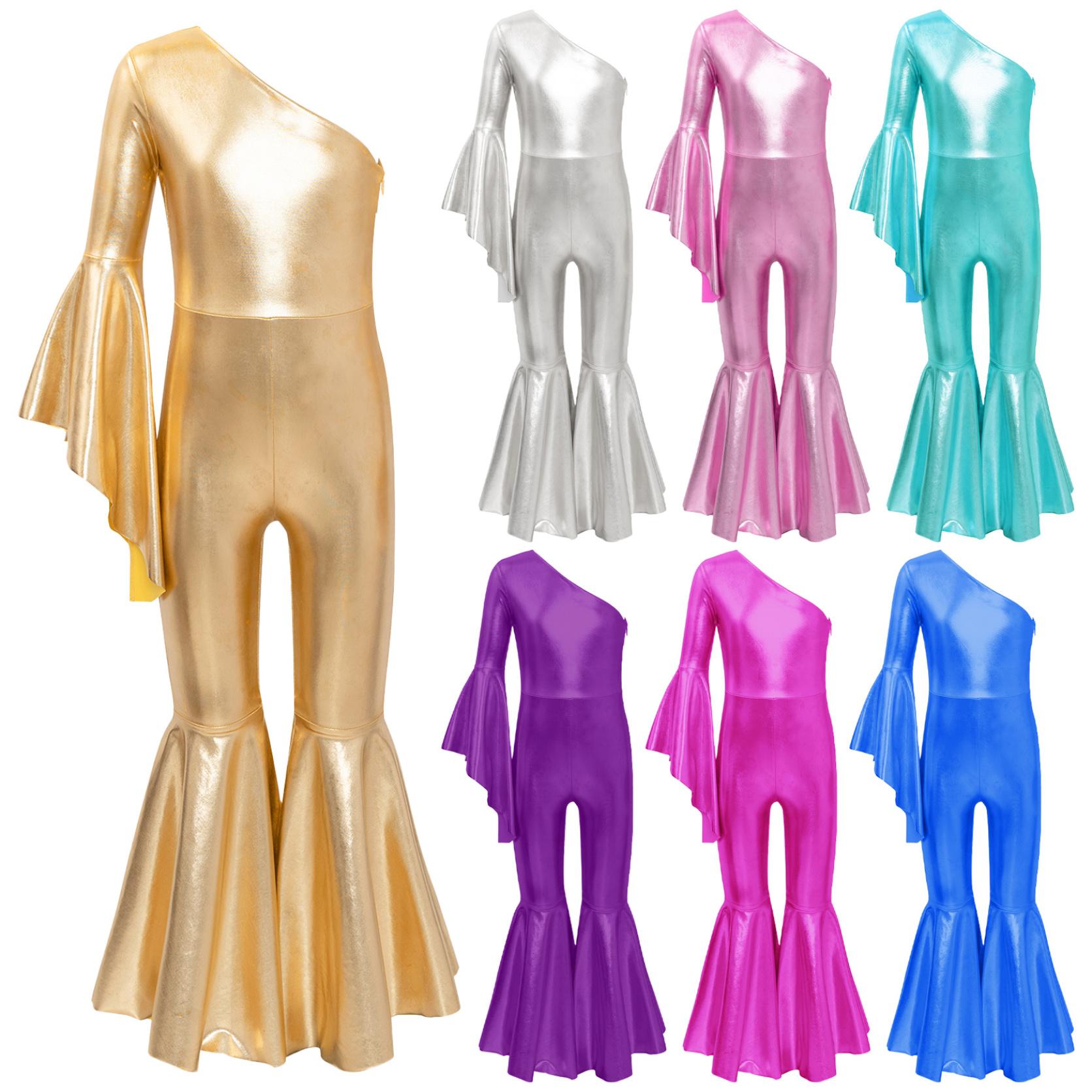 Yunduantong Meisje Eén schouder Ballet Ballroom Jazz Moderne dansvoorstelling Kostuums Volledige bodysuit Speelpakje Catsuit Gymnastiek Turnpakje voor kinderen Bell-bottom broek 5-6 Years goud