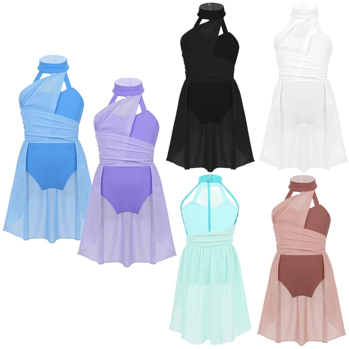 ZDHoor Kindermeisjes mouwloze ruches chiffon lijfje gekooide rug turnpakje jurk voor lyrische hedendaagse dans 5-6 Years