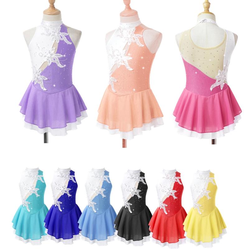 YOOJIA Meisjes Patchwork Stijl Glanzende Pailletten Bloemen Decor Mouwloos Leotard met Holle Rug voor Schaatsen Danskostuum 10-12 Years zwart