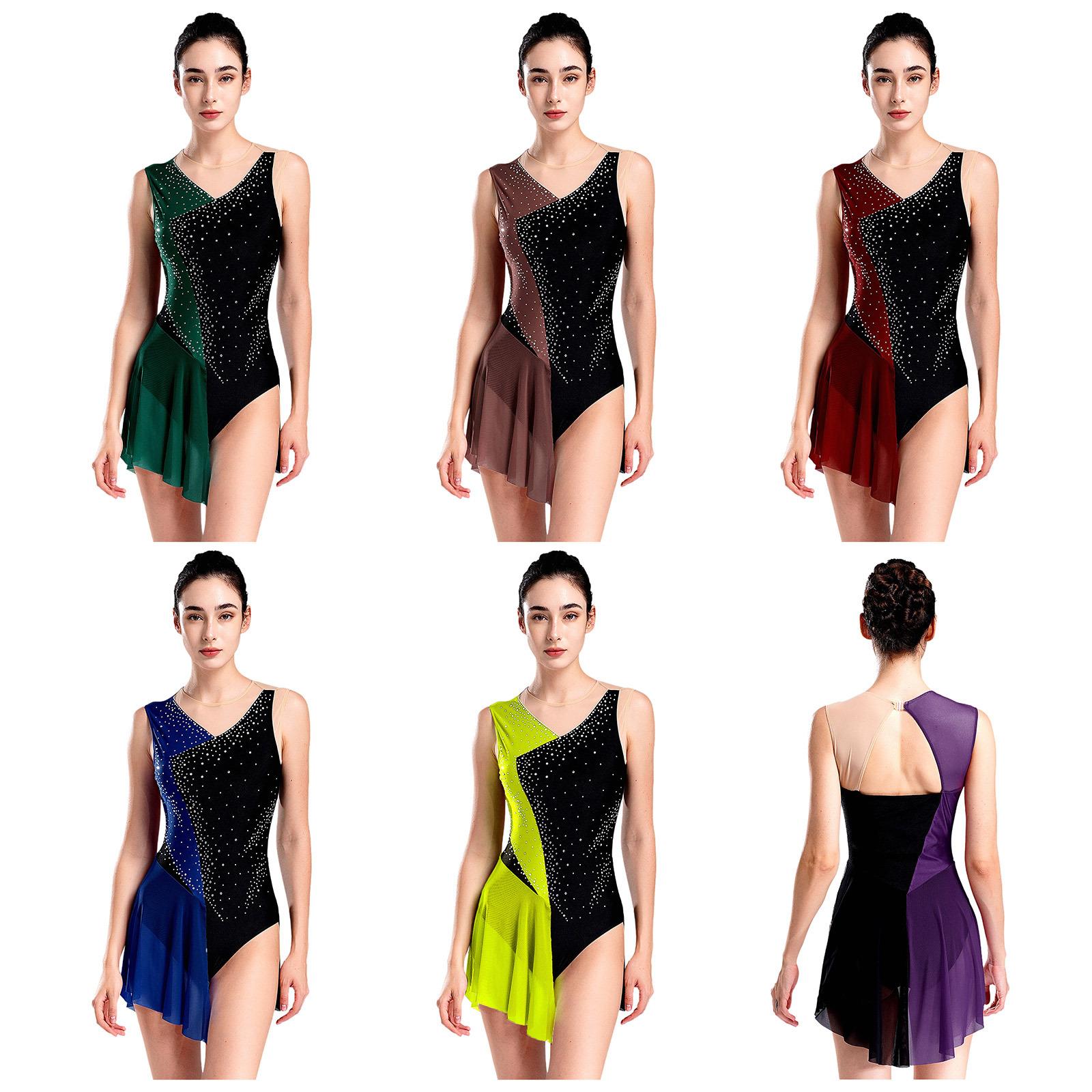 Yeahdor Dames Gymnastiek Kunstschaatsen Ballet Jersey Lyrisch Dansjurk Kostuum Glanzende Strass Steentjes Bodysuit Mesh Geklede Unitard S paars