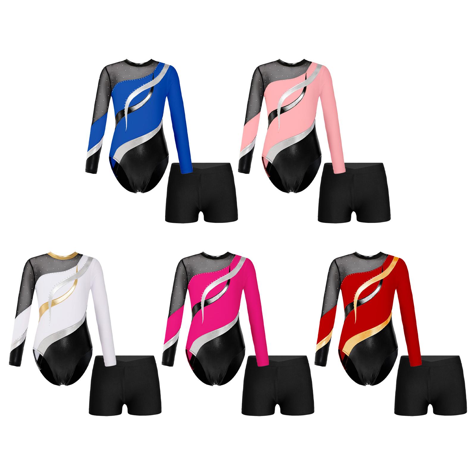RUNQHUI Meisjes lange mouw Mesh Splice Gymnastiek Turnpakje Kids Atletische Jumpsuit Balletdansoutfits 13-14 Years roze
