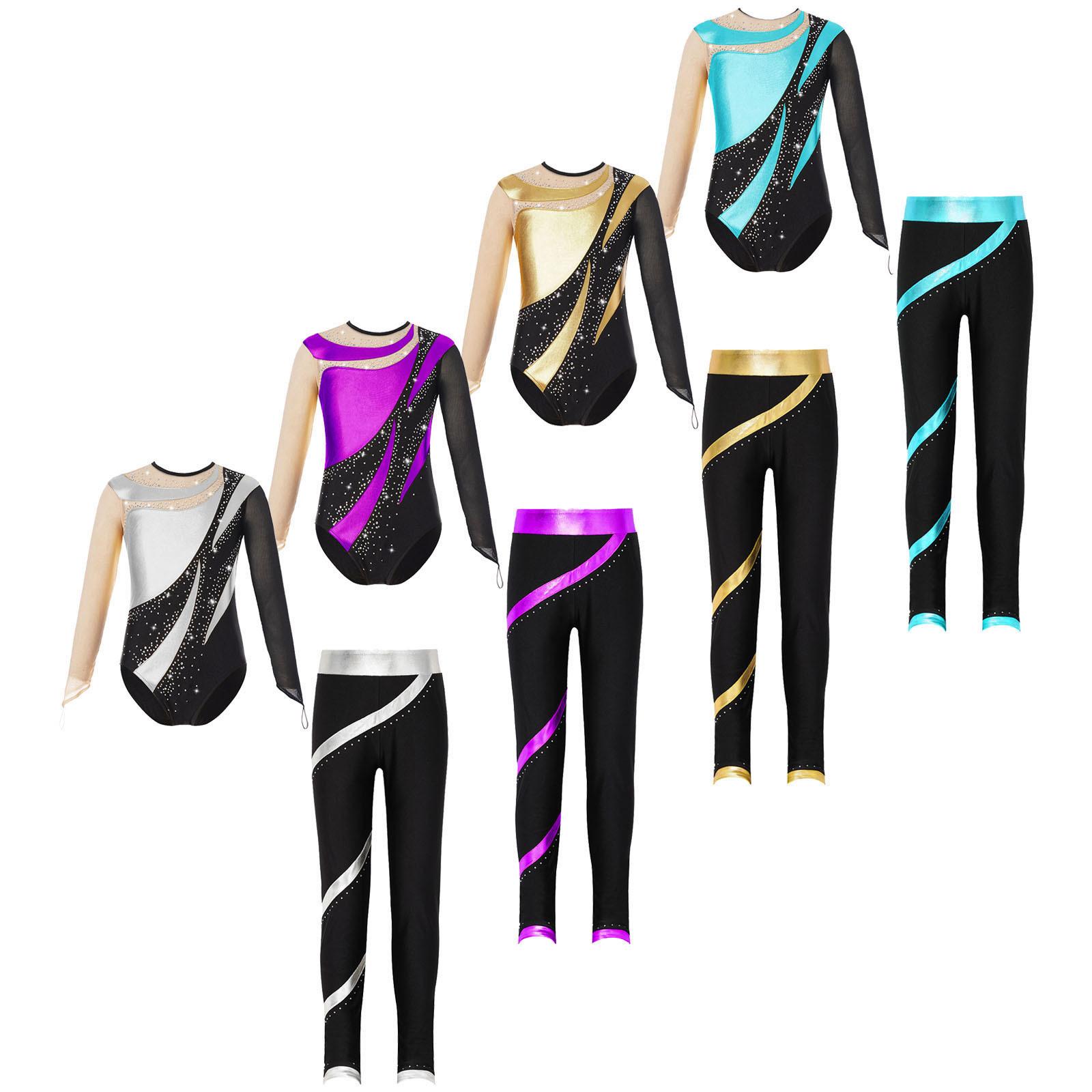 Yunduantong-home Meisjes Danskleding Lange Mouw Gymnastiek Leotards met Leggings Sets Ballet Dans Kunstschaatsen Outfits 9-10 Years goud