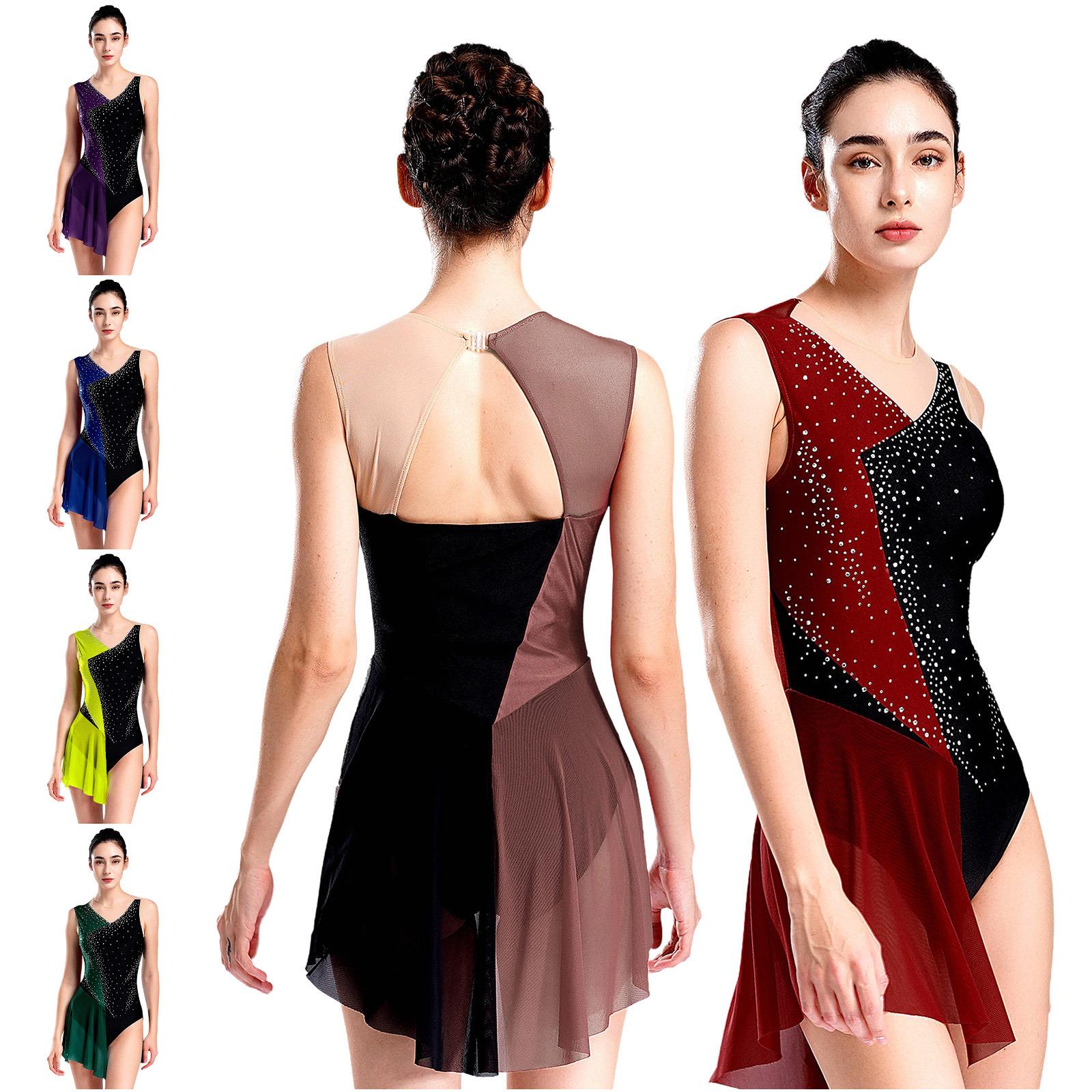 IEFiEL Dames Kunstschaatsen Leotard Jurk Glanzende Strass Steentjes Kleurblok Mesh Patchwork voor Ballet Lyrische Dans Gymnastiek Danskleding M paars