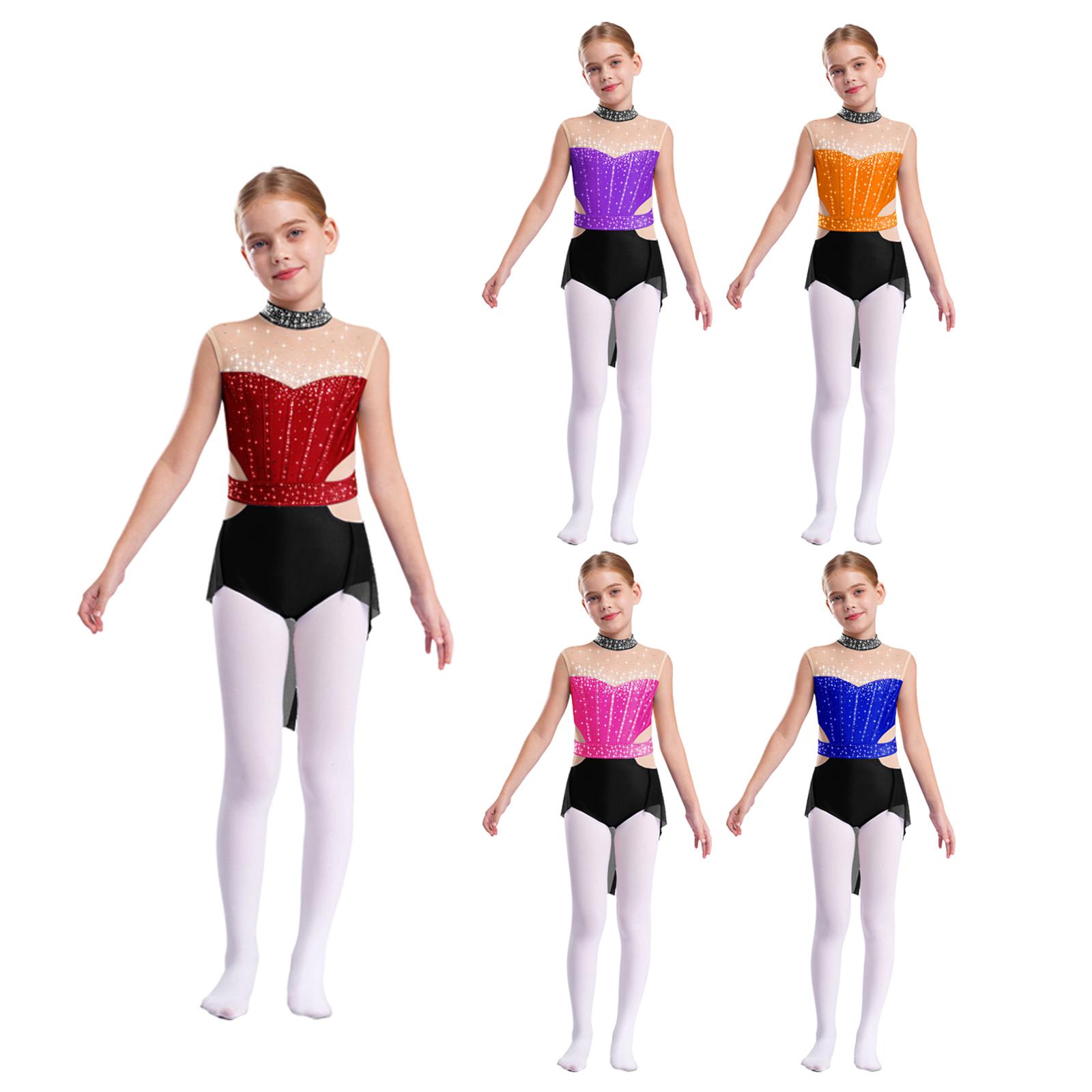 Linjinx Kids Girls Rhythmic Gymnastics Figure Skating Dance Costume Shiny Rhinestones Mesh Ballet Jersey Lyrical dance Skirted Dress 5-6 Years paars/zwart