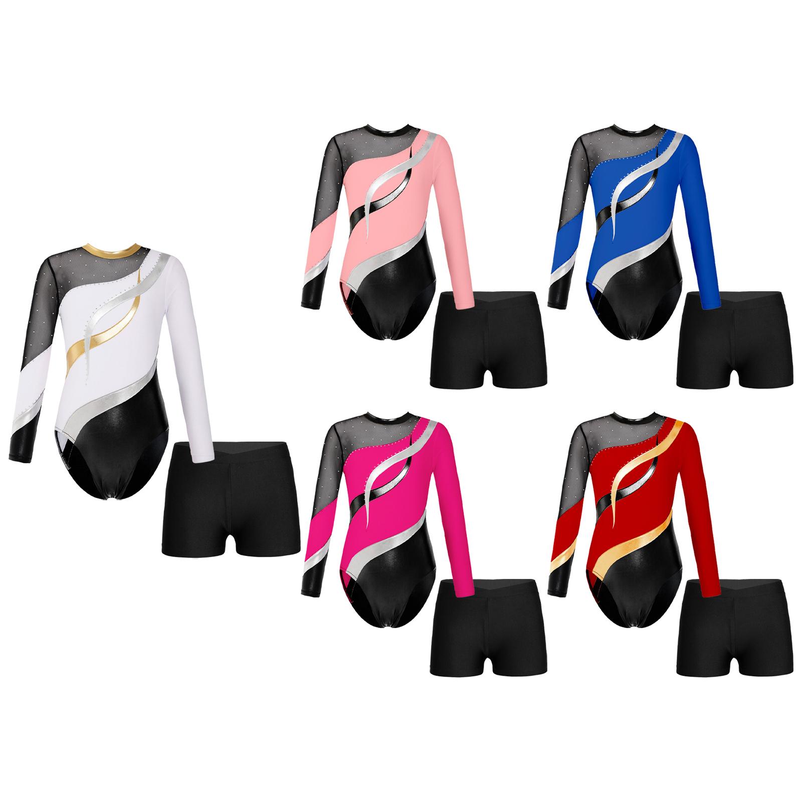 Sxiwei Gymnastiekpakje voor kinderen, meisjes, lange mouwen, met korte broek, atletisch dansunitards prestatiewedstrijdkostuum 13-14 Years roze