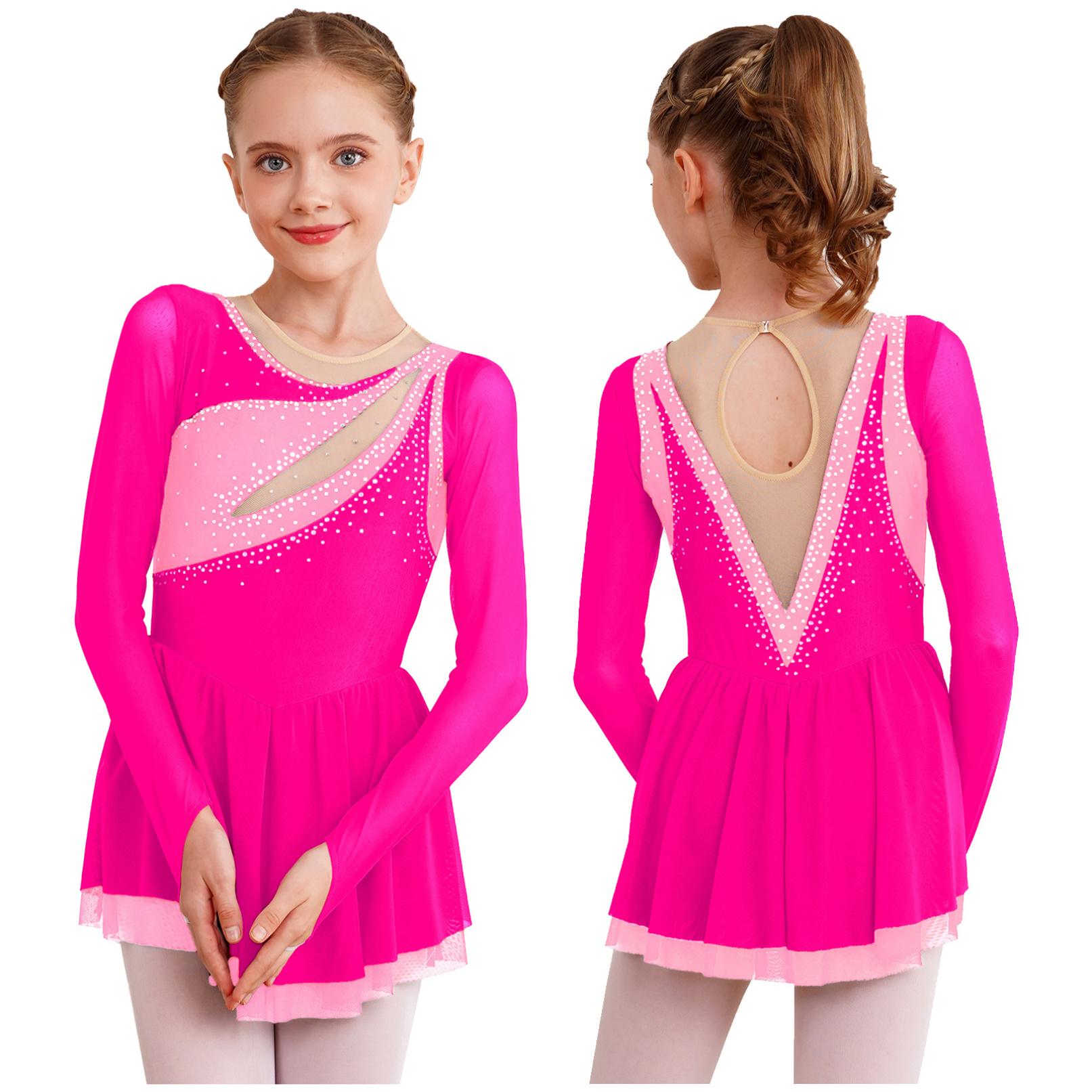 HULIJA Kinderen meisjes sprankelende strass lange mouw kunstschaatsjurk ballet moderne lyrische danskostuum 7-8 Years koningsblauwe kleur