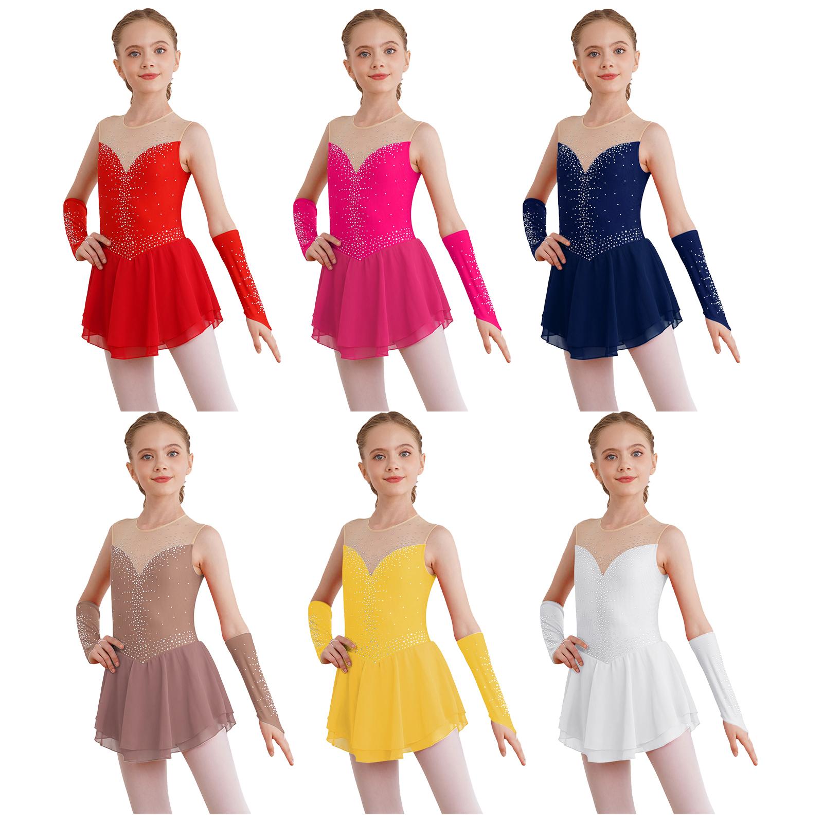 IEFiEL Meisjes IJs Kunstschaatsen Jurk Ballet Dans Competitie Gymnastiek Strass Leotard Jurken met Handschoenen 7-8 Years roze