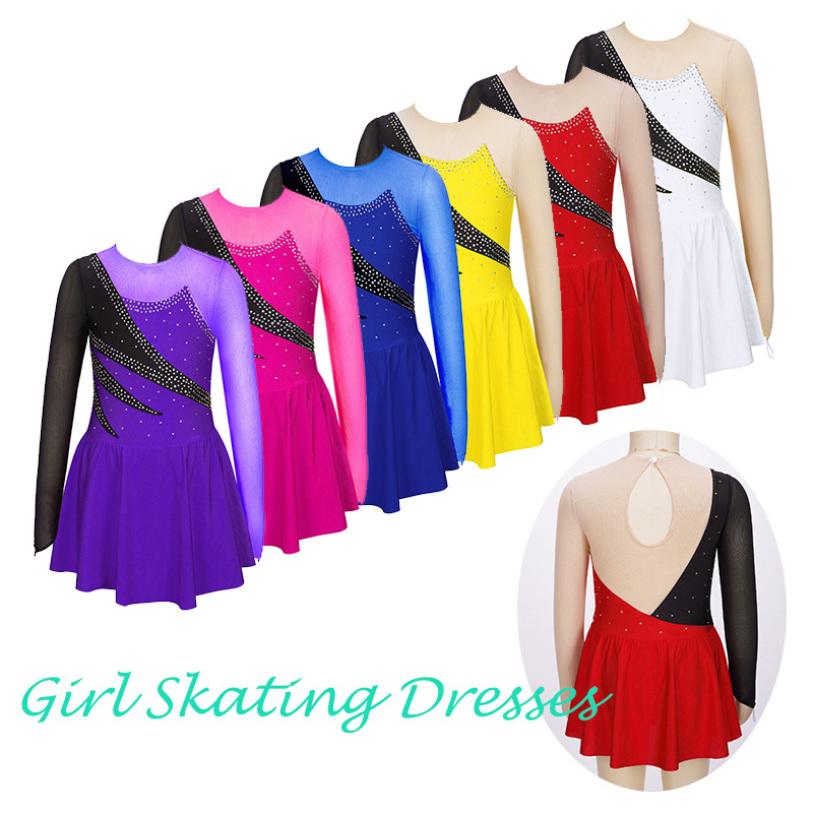 YONGHS Kinderen Meisjes Lange Mouw Kunstschaatsen Jurk Glanzende Strass Sheer Mesh Tutu Ballet Gymnastiek Dans Turnpakje Jurk Dancewear 11-12 Years paars