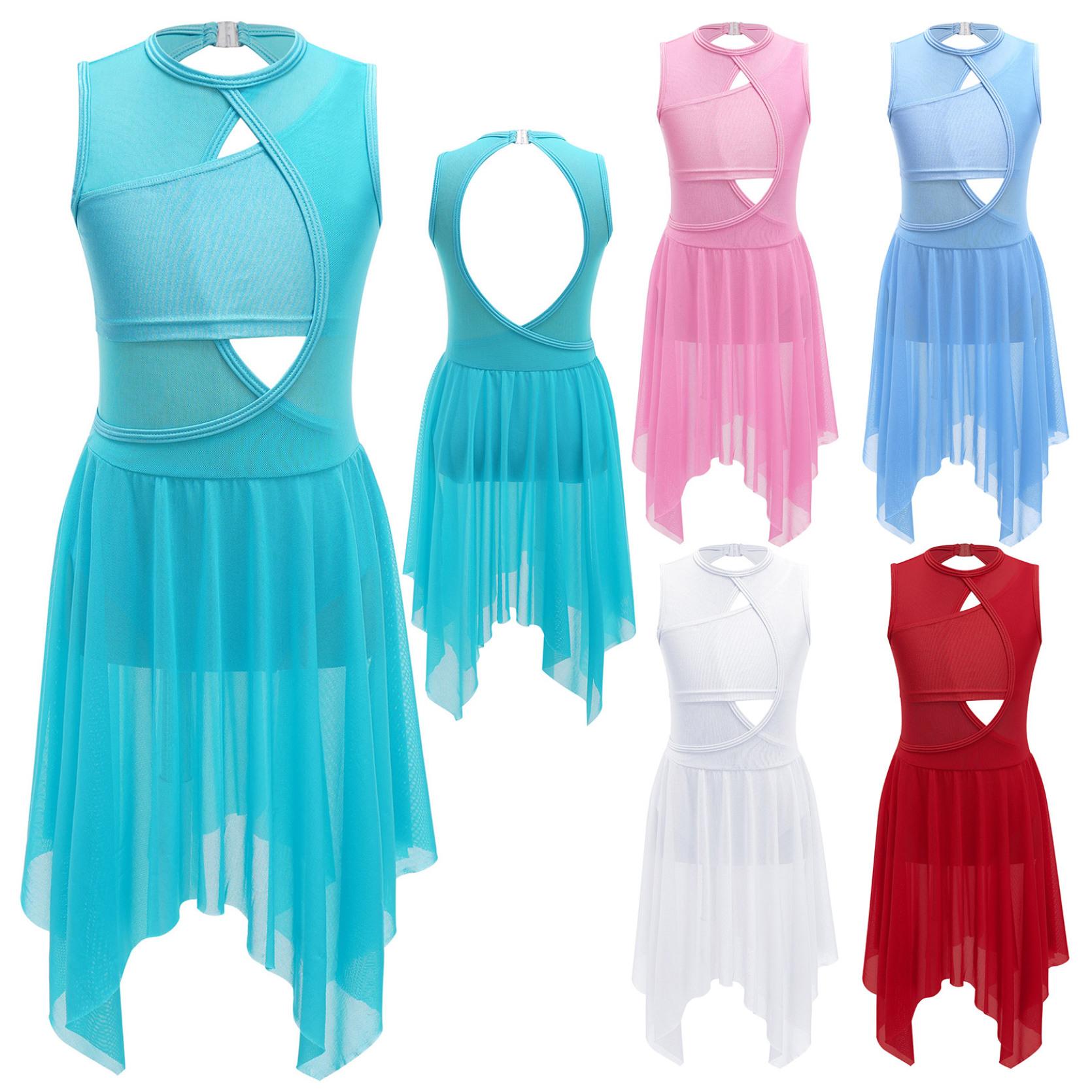 IEFiEL Kinderen meisjes mouwloze kriskras holle spandex mesh patchwork rugloze dansjurk lyrisch latin danskostuum 9-10 Years lichtblauwe kleur
