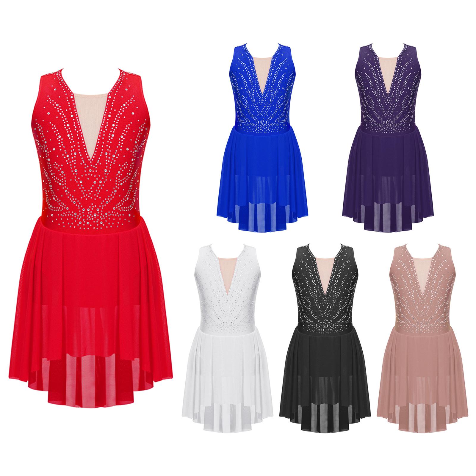 Sywiyi Kinderen meisjes strass kunstschaatsen ballet lyrische prestaties jurk strappy rug asymmetrische zoom mouwloze dansjurken 13-14 Years paars