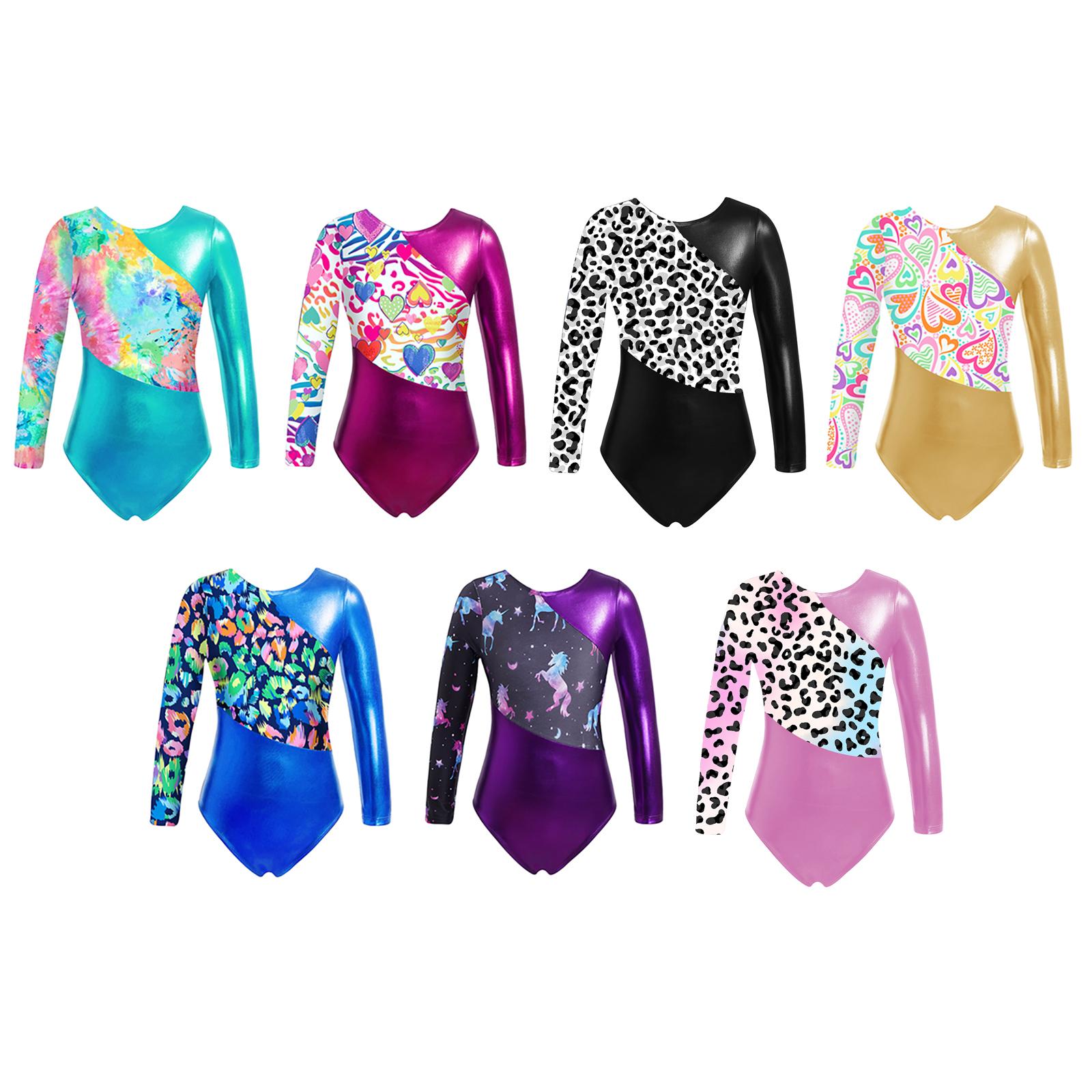 Aislor Kinderen Meisjes Glanzende Metallic Lange Mouwen Gymnastiek Maillots Gedrukt Ballet Dans Body Unitards 7-8 Years veelkleurig